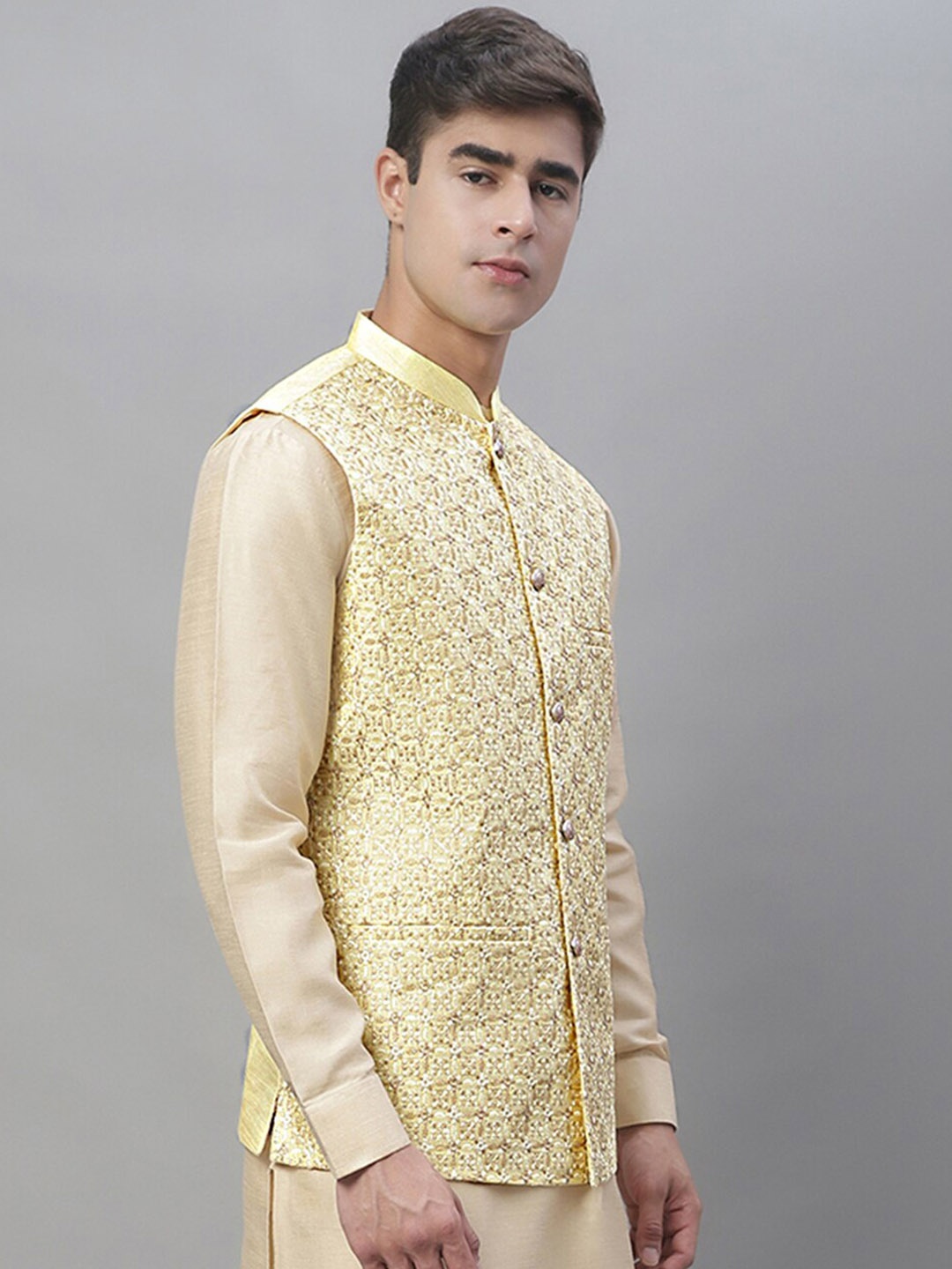 

Anouk Men Yellow Embroidered Nehru Jackets