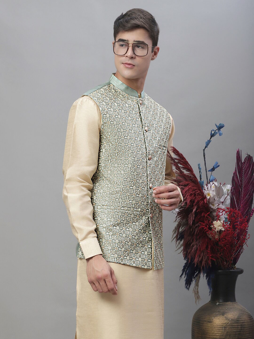 

Anouk Embroidered Mandarin Nehru Jackets, Sea green