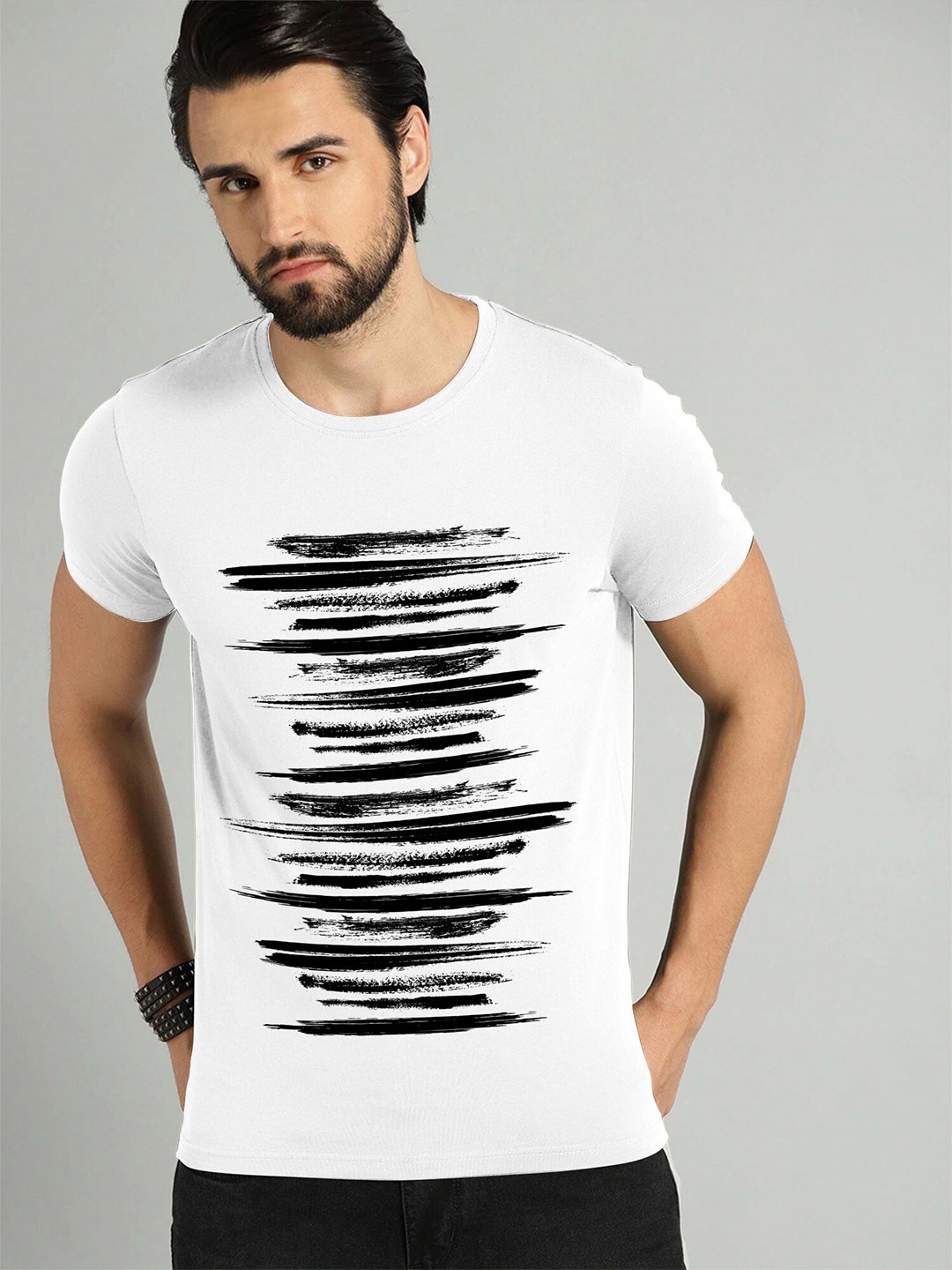 

JUMPCUTS Abstract Printed Round Neck Cotton Slim Fit T-shirt, White