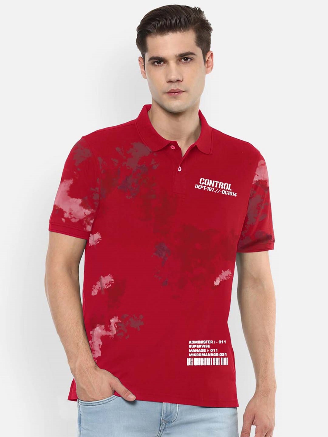 

JUMPCUTS Abstract Printed Polo Collar Cotton Slim Fit T-shirt, Red