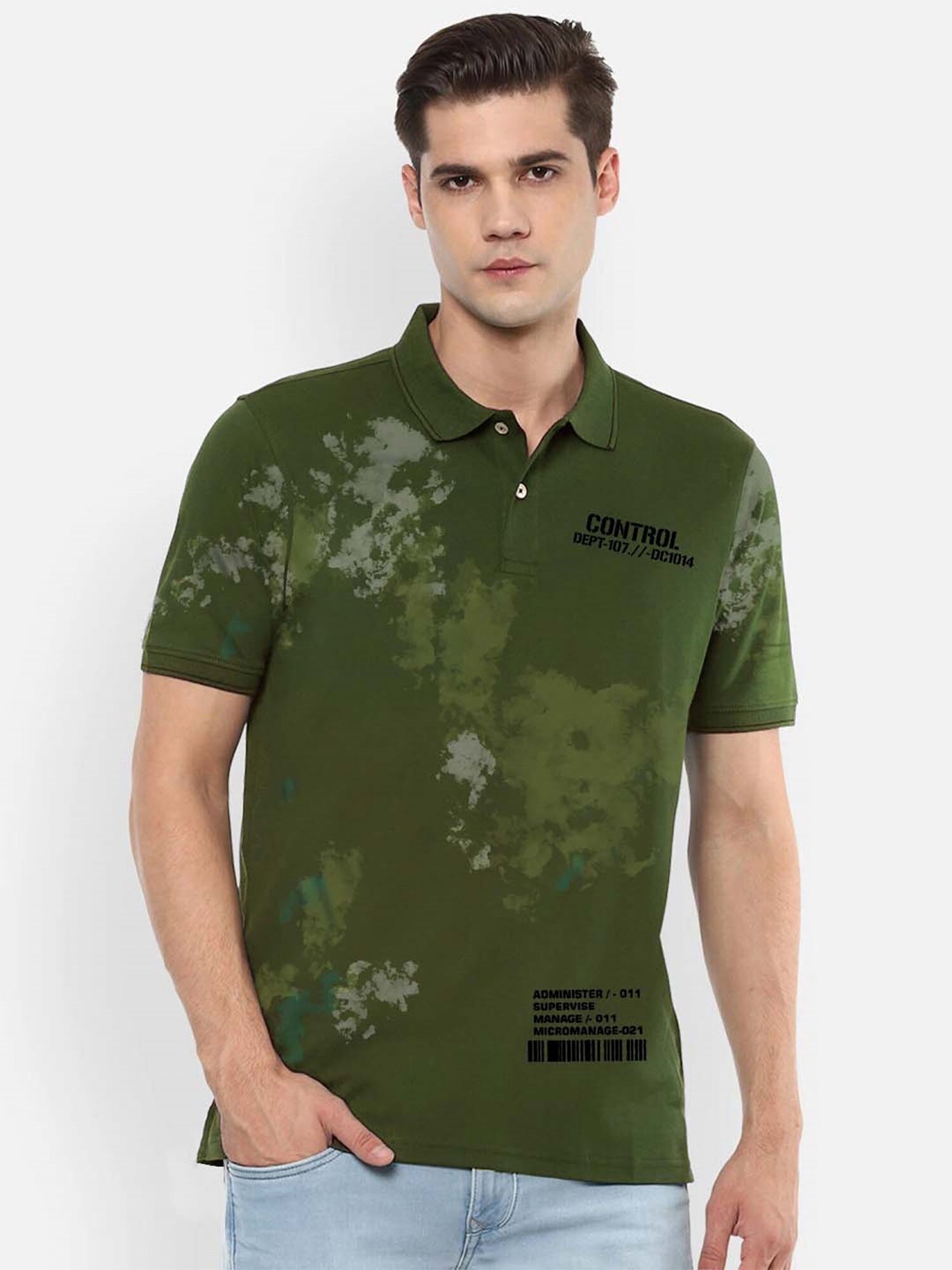 

JUMPCUTS Abstract Printed Polo Collar Cotton T-shirt, Olive