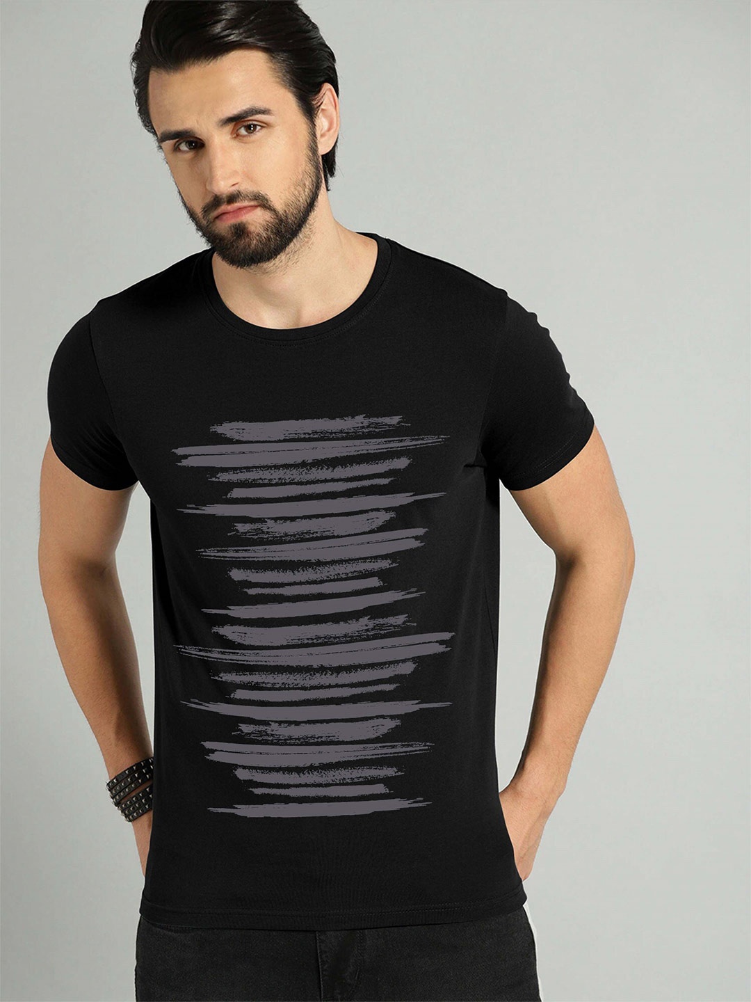 

JUMPCUTS Graphic Printed Round Neck Slim Fit Cotton T-shirt, Black