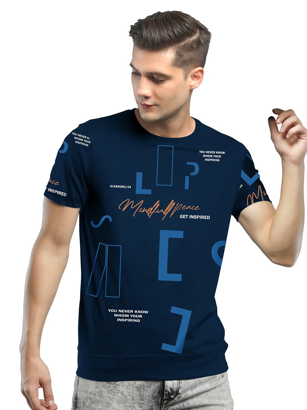 

JUMPCUTS Typography Printed Cotton Slim Fit T-shirt, Navy blue