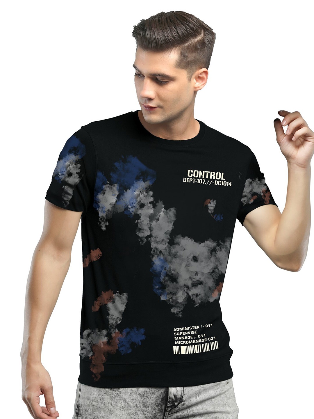 JUMPCUTS Typography Printed Round Neck Slim Fit Cotton T-shirt, Black