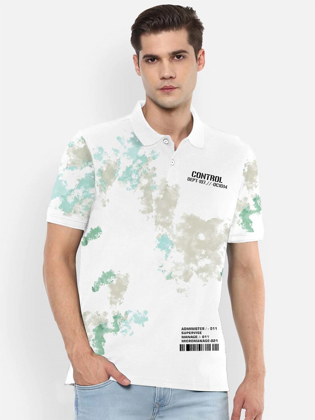 

JUMPCUTS Abstract Printed Polo Collar Cotton T-shirt, White