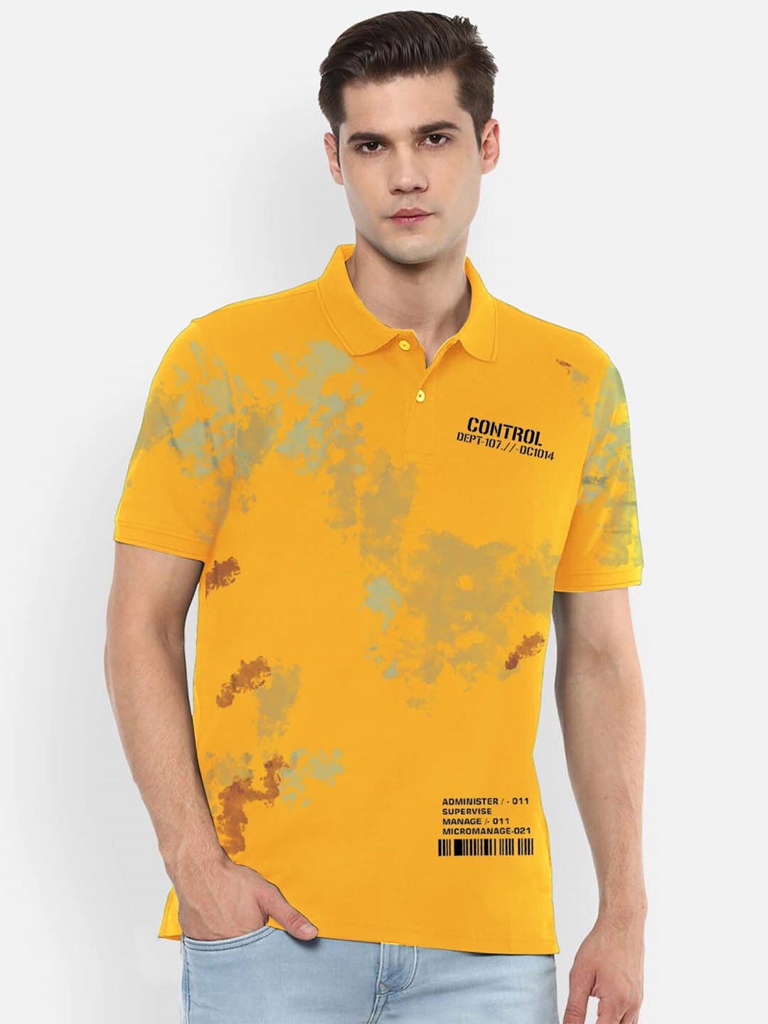 

JUMPCUTS Abstract Printed Polo Collar Cotton T-shirt, Yellow