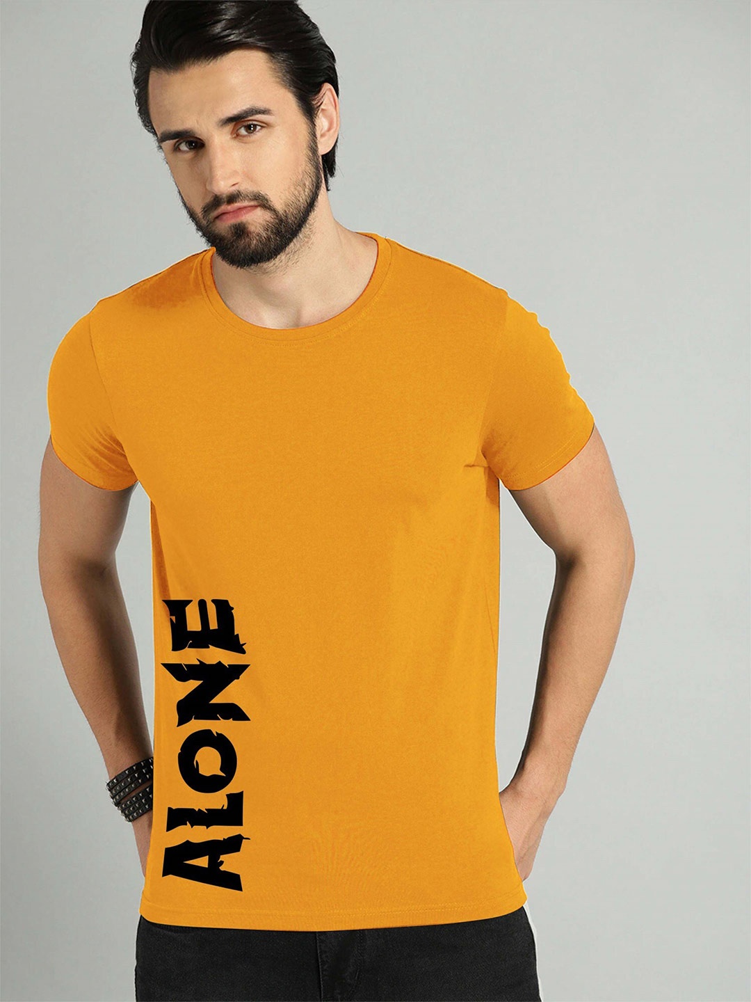 

JUMPCUTS Typography Printed Cotton Slim Fit T-shirt, Mustard