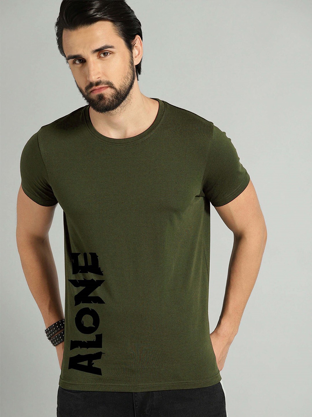 

JUMPCUTS Typography Printed Cotton Slim Fit T-shirt, Olive