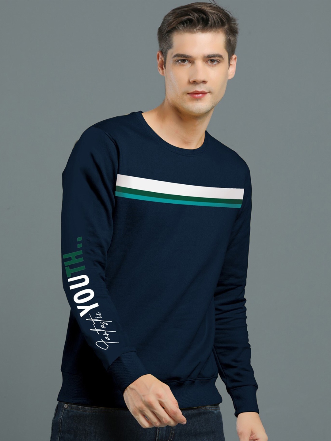 

JUMPCUTS Colourblocked Long Sleeves Breathable Cotton Slim Fit T-shirt, Navy blue