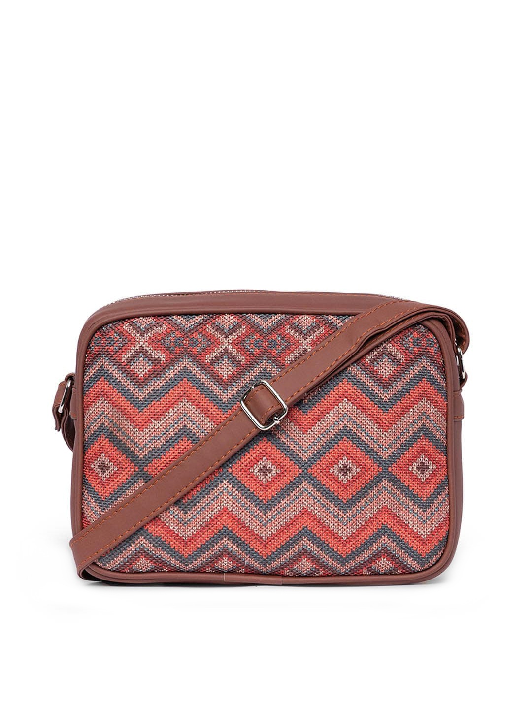

ZOUK Women Geometric Printed Structured Sling Bag, Brown