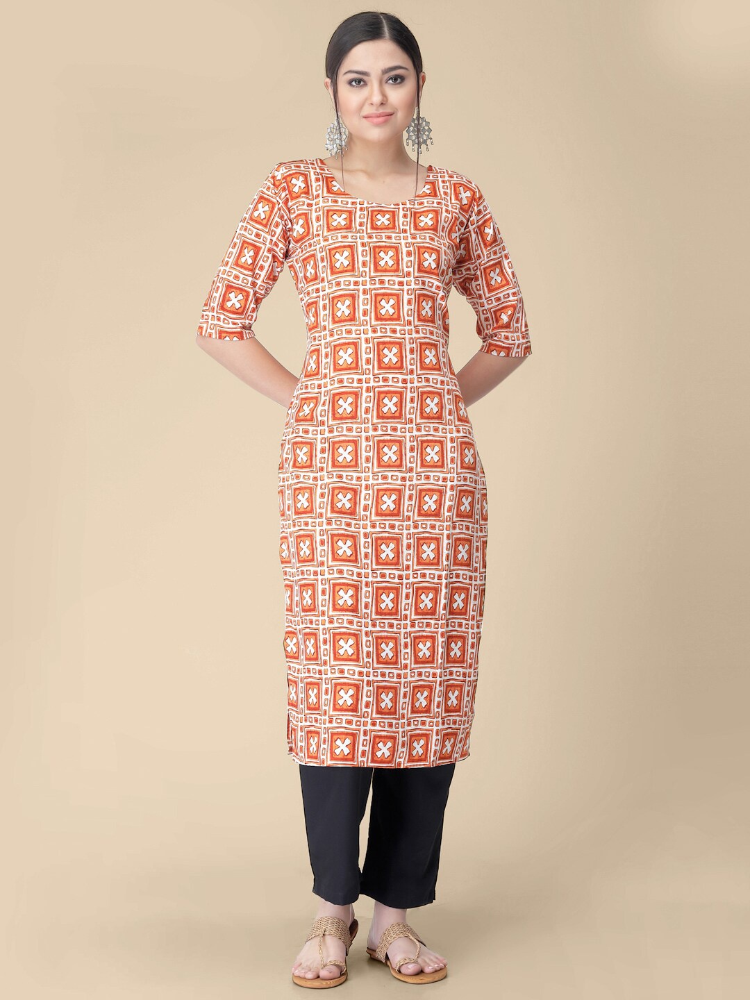 

KALINI Ethnic Motif Printed Straight Kurta With Trousers, Orange
