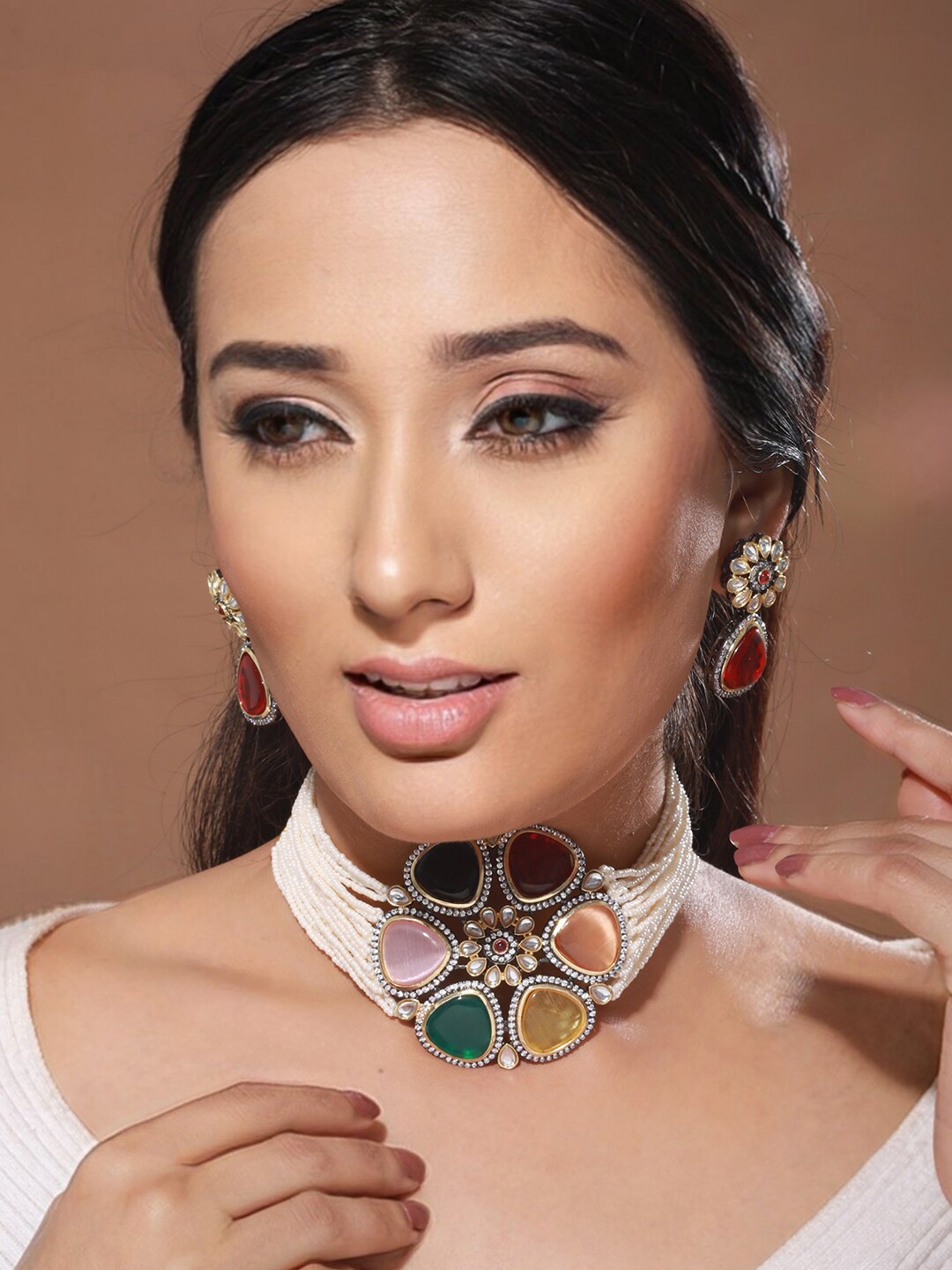

Saraf RS Jewellery Rhodium-Plated Stone-Studded & Beaded Jewellery Set, Gold