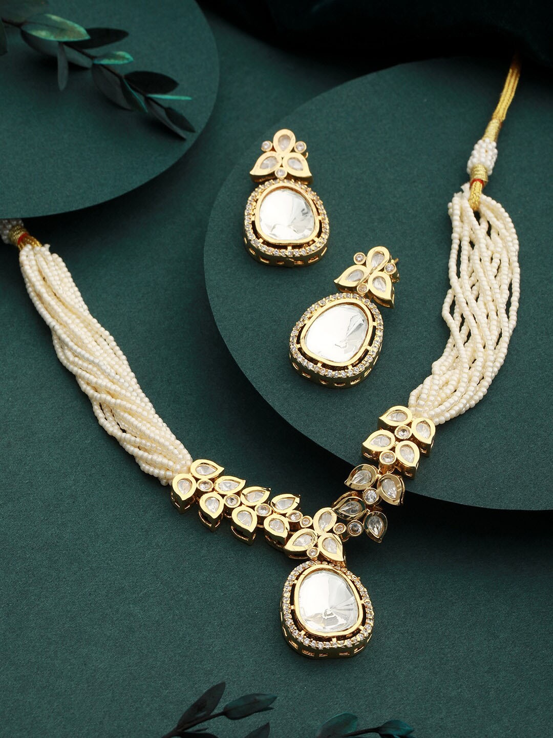 

Saraf RS Jewellery Gold-Plated Stone-Studded & Pearl-Beaded Necklace & Earrings Set