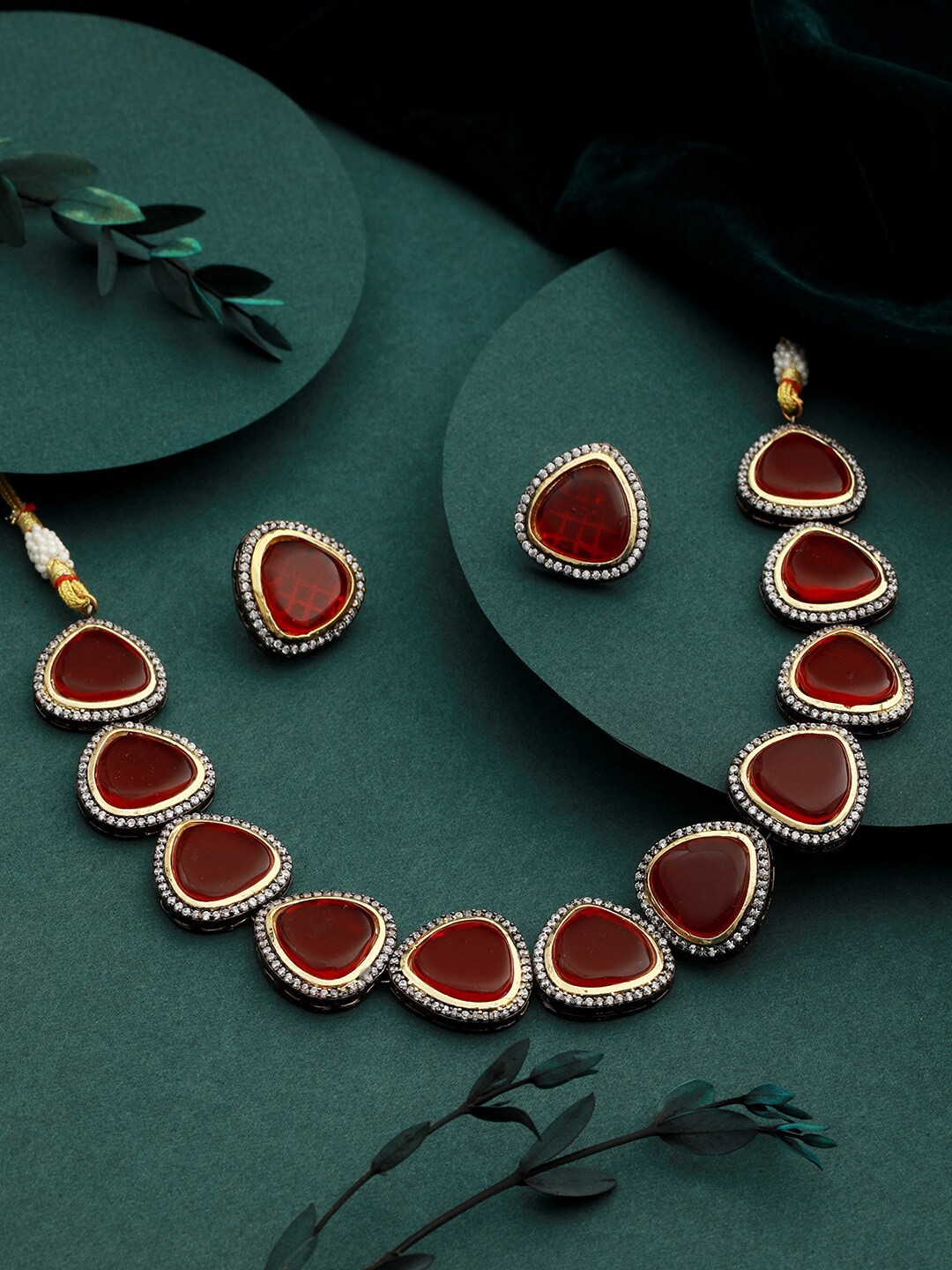 

Saraf RS Jewellery Rhodium-Plated Stone-Studded Necklace & Earrings Set, Red