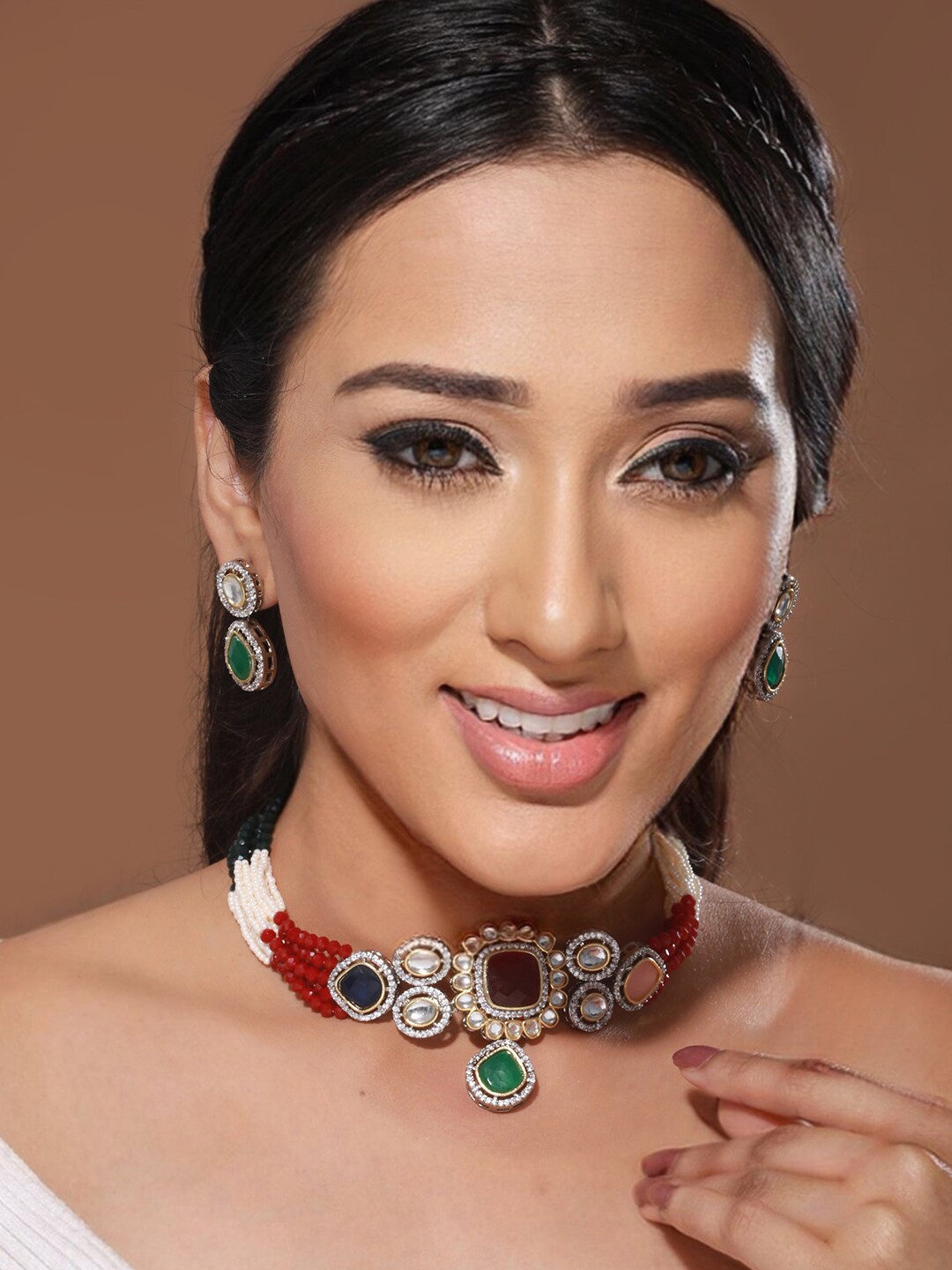 

Saraf RS Jewellery Rhodium-Plated CZ-Studded & Beaded Necklace & Earrings Set, Silver
