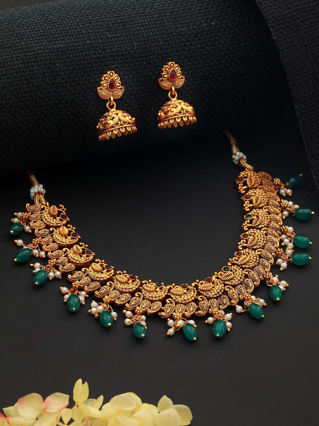 

Saraf RS Jewellery Gold-Plated CZ-Studded & Beaded Jewellery Set