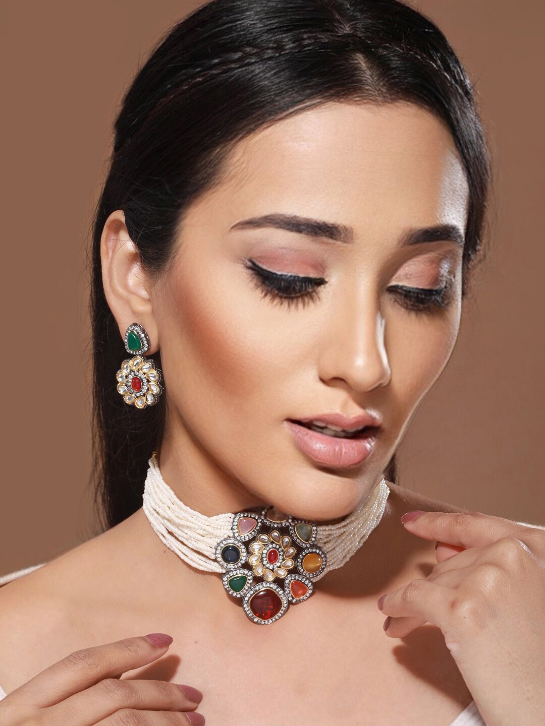 

Saraf RS Jewellery Gold-Plated Stone-Studded Necklace & Earrings Set