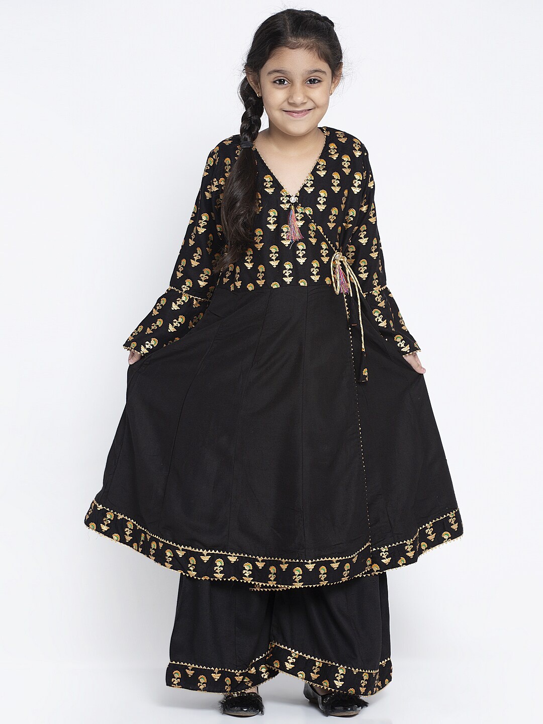 

KYDZI Girls Ethnic Motif Printed Angrakha Gotta Patti Kurta With Palazzos, Black