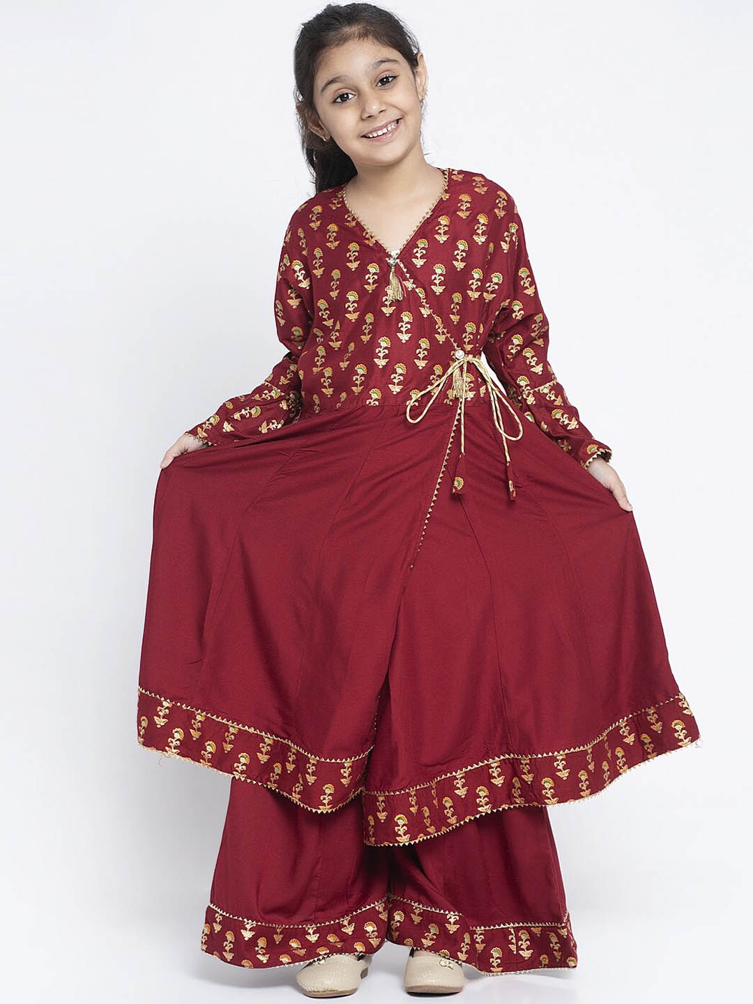 

KYDZI Girls Ethnic Motif Printed Angrakha Gotta Patti Kurta With Palazzos, Maroon