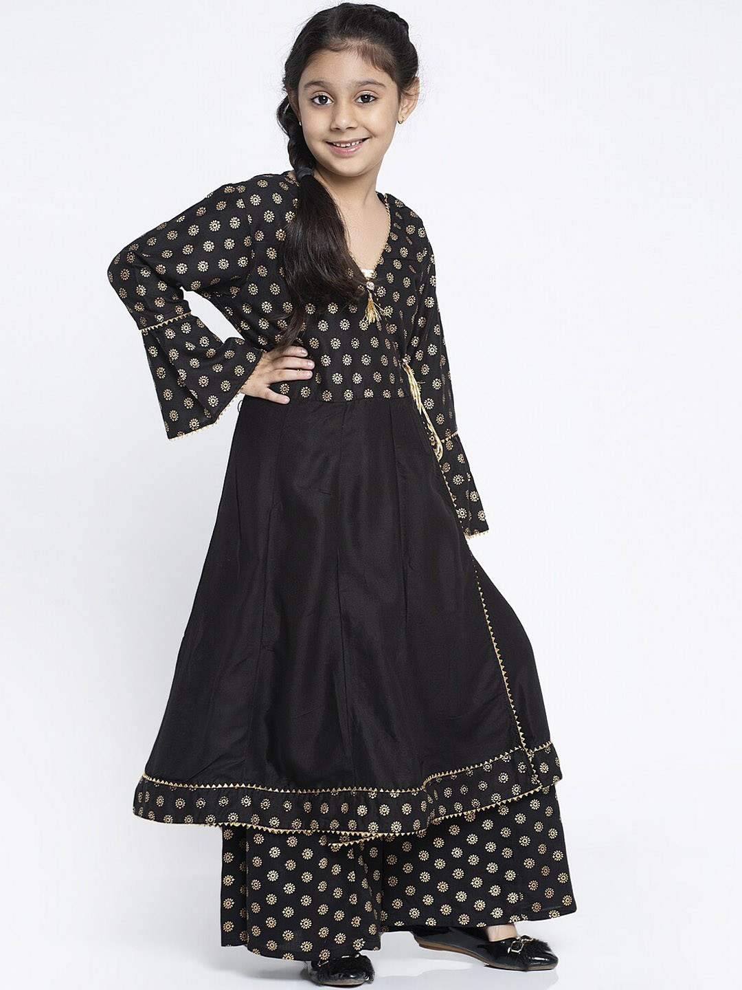 

KYDZI Girls Ethnic Motifs Printed Angrakha Gotta Patti Kurta With Palazzos, Black