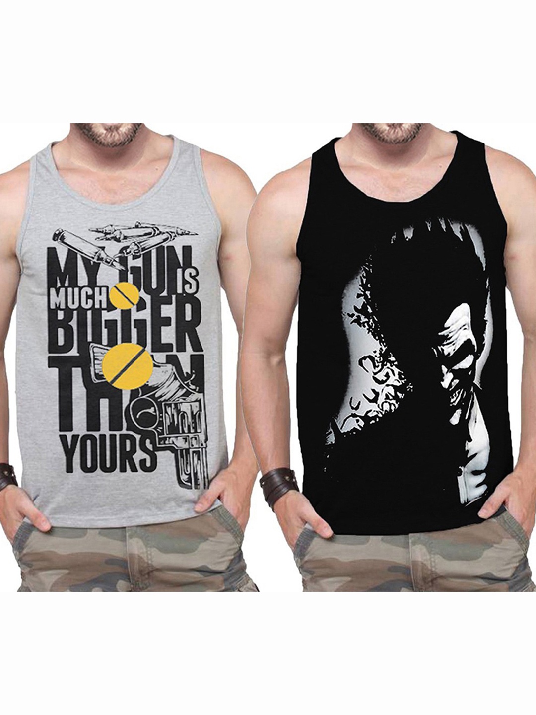 

TRIPR Pack Of 2 Printed Cotton Gym Vests, Grey