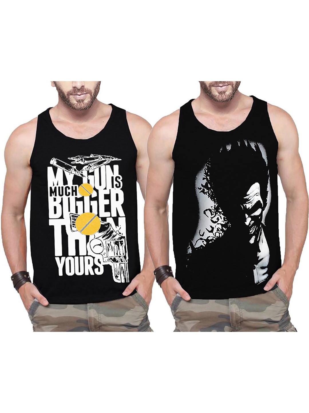

TRIPR Pack Of 2 Printed Cotton Gym Vests, Black