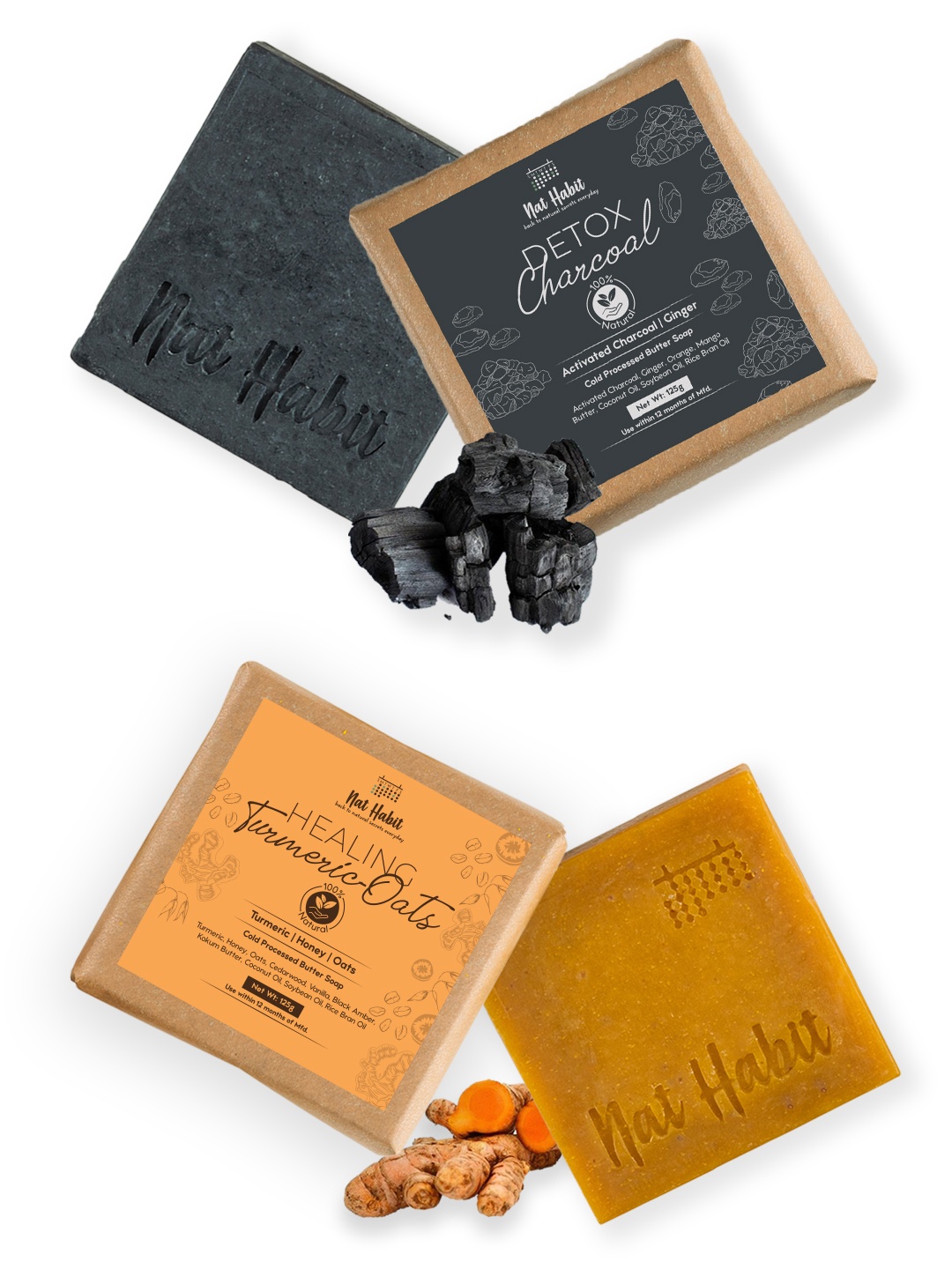 

Nat Habit Set of Detox Charcoal Healing Turmeric Oats Butter Bath Soaps - 125 g Each, Orange