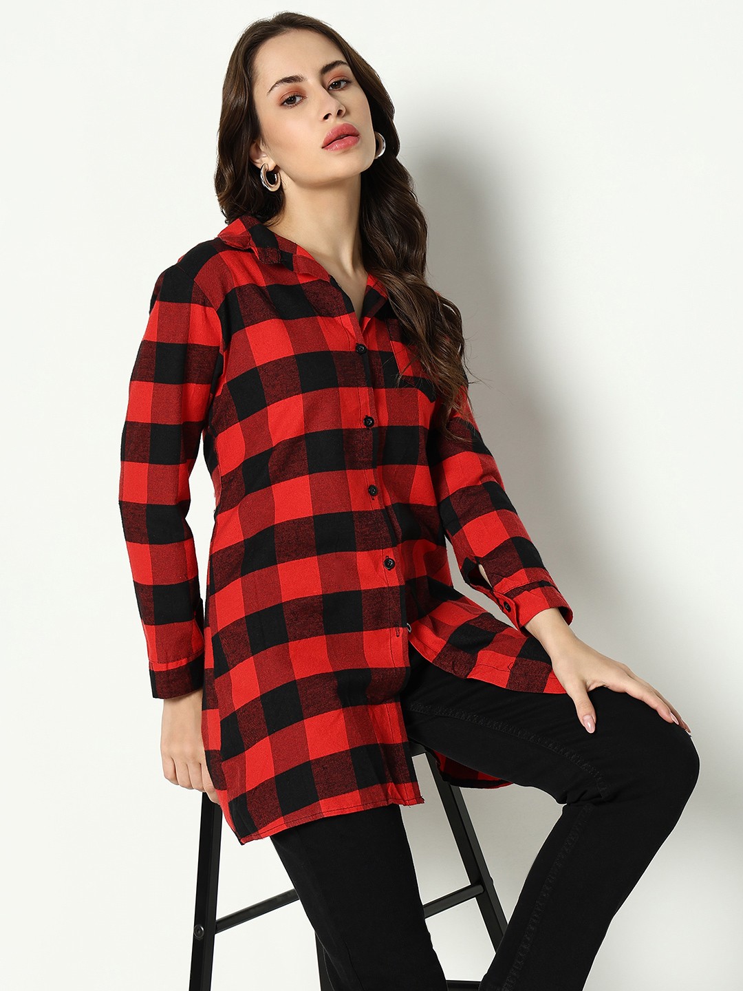 

SHOWOFF Classic Buffalo Checked Cotton Casual Longline Shirt, Red