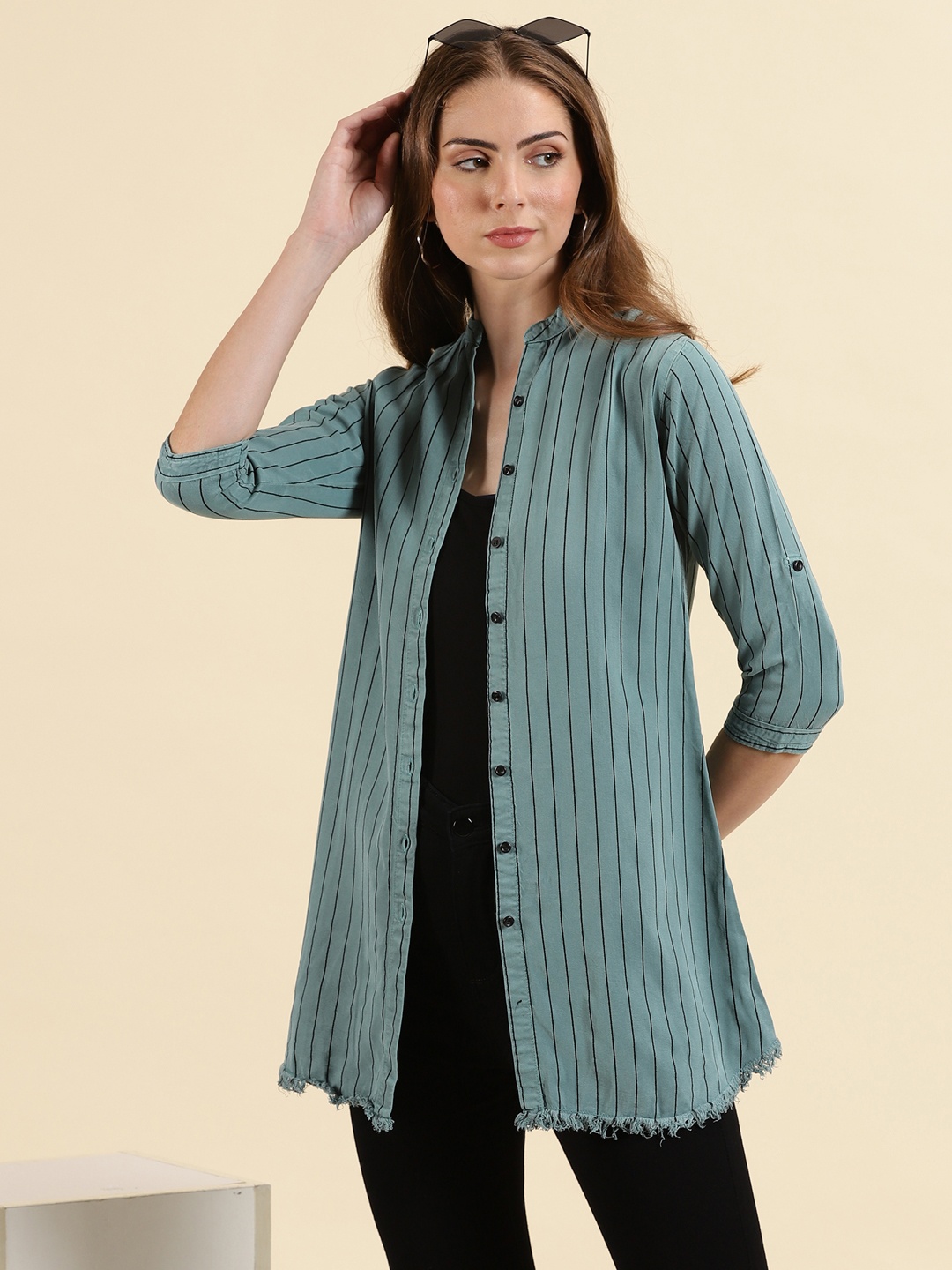 

SHOWOFF Comfort Slim Fit Striped Mandarin Collar Cotton Casual Longline Shirt, Teal