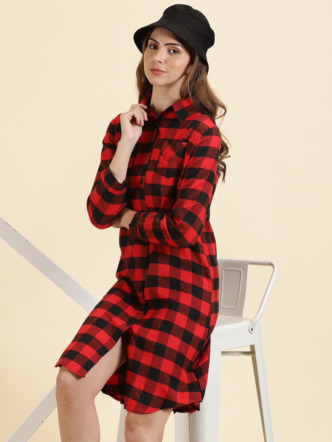 

SHOWOFF Classic Buffalo Checked Cotton Casual Longline Shirt, Red