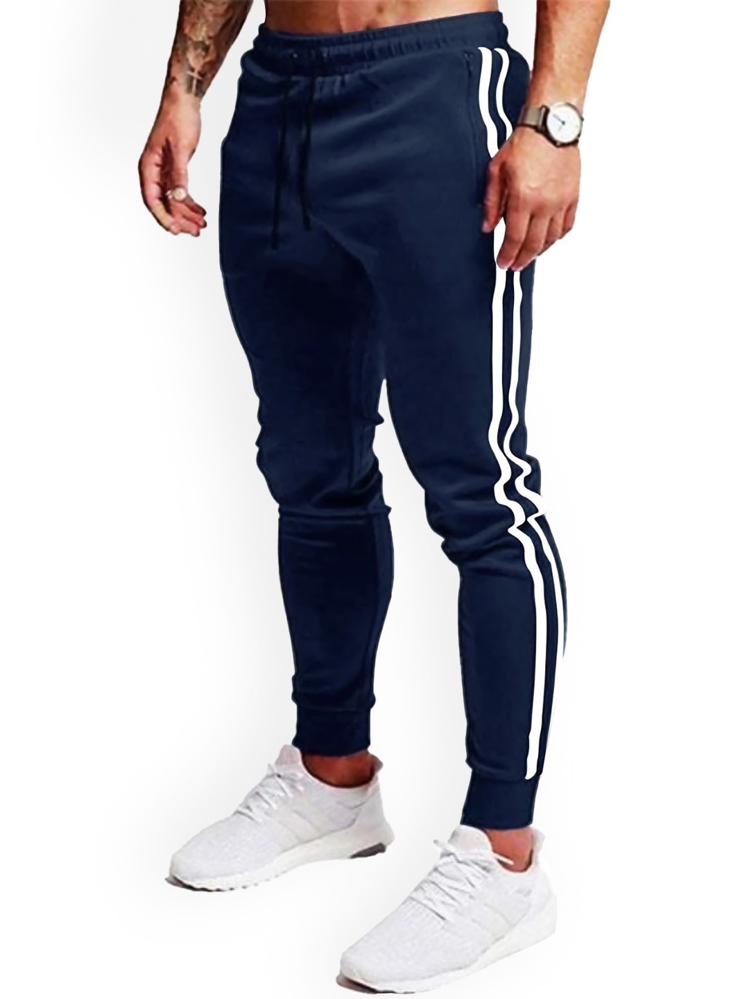 

JUMPCUTS Men Slim-Fit Mid-Rise Cotton Joggers, Navy blue