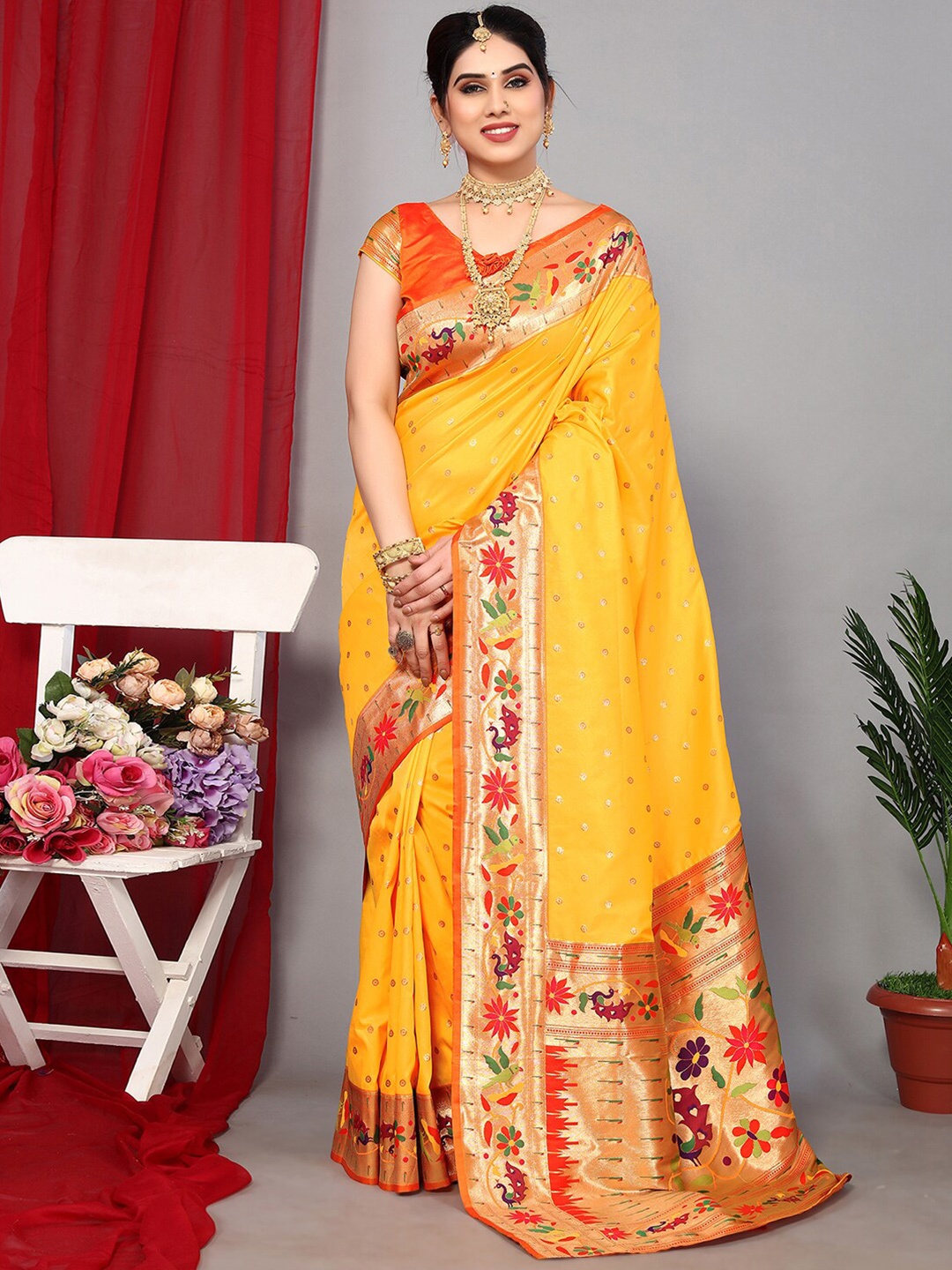

Satrani Geometric Woven Design Zari Saree, Mustard