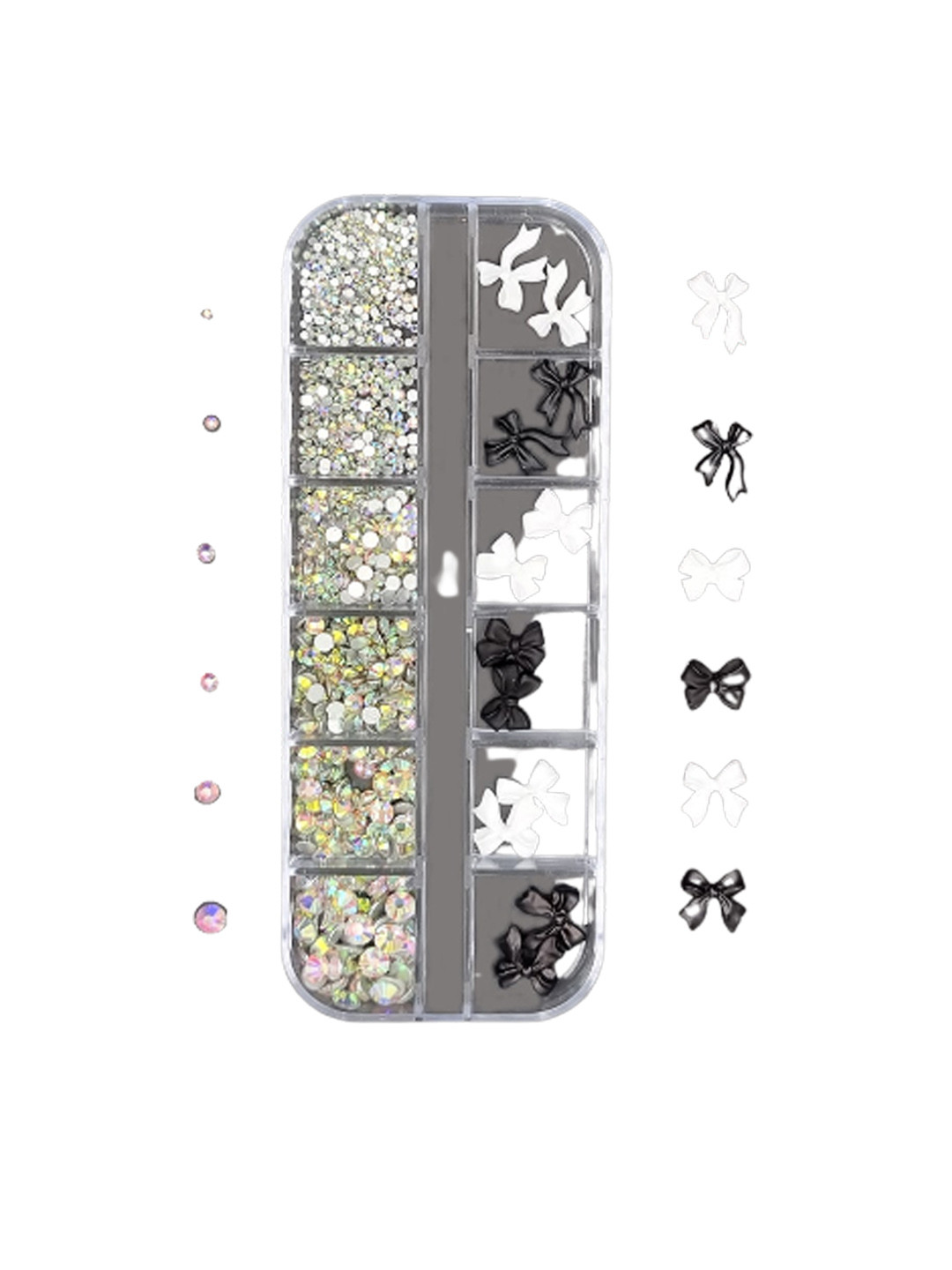 

S.A.V.I. 12 Grids Box With 3D Black & White Bowknot & AB Glass Rhinestones Nail Art Set