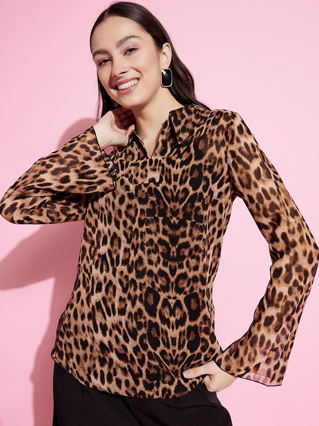 

KASSUALLY Brown & Black Animal Printed Flared Sleeve Top