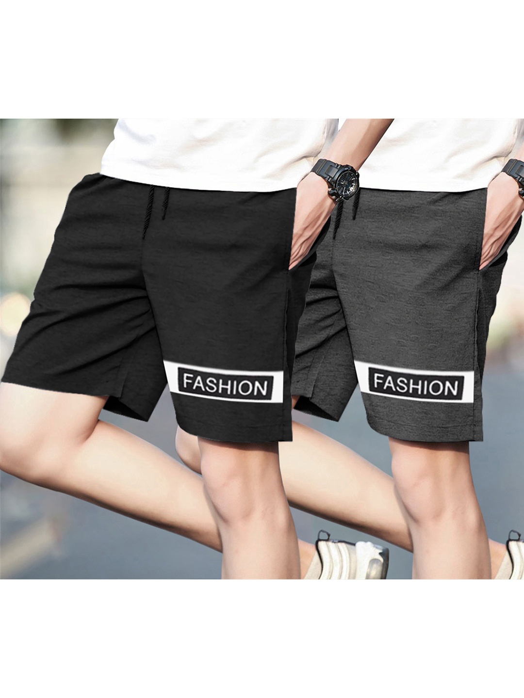 

BLIVE Men Pack Of 2 Typography Printed Mid-Rise Shorts, Black