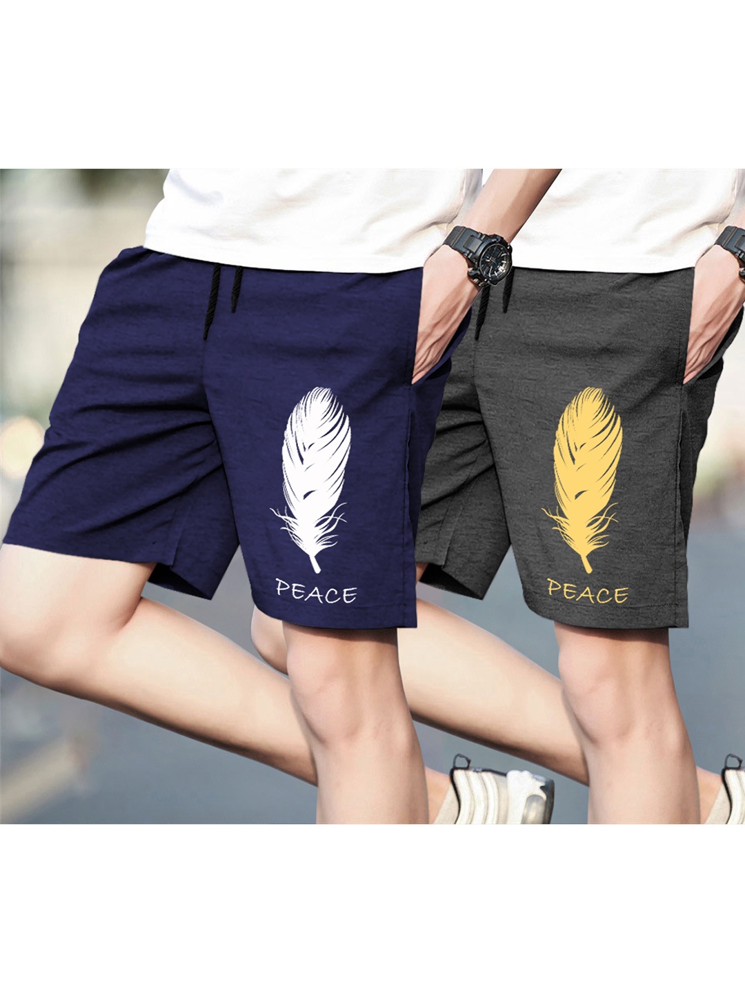 

BLIVE Men Pack Of 2 Graphic Printed Mid-Rise Shorts, Navy blue
