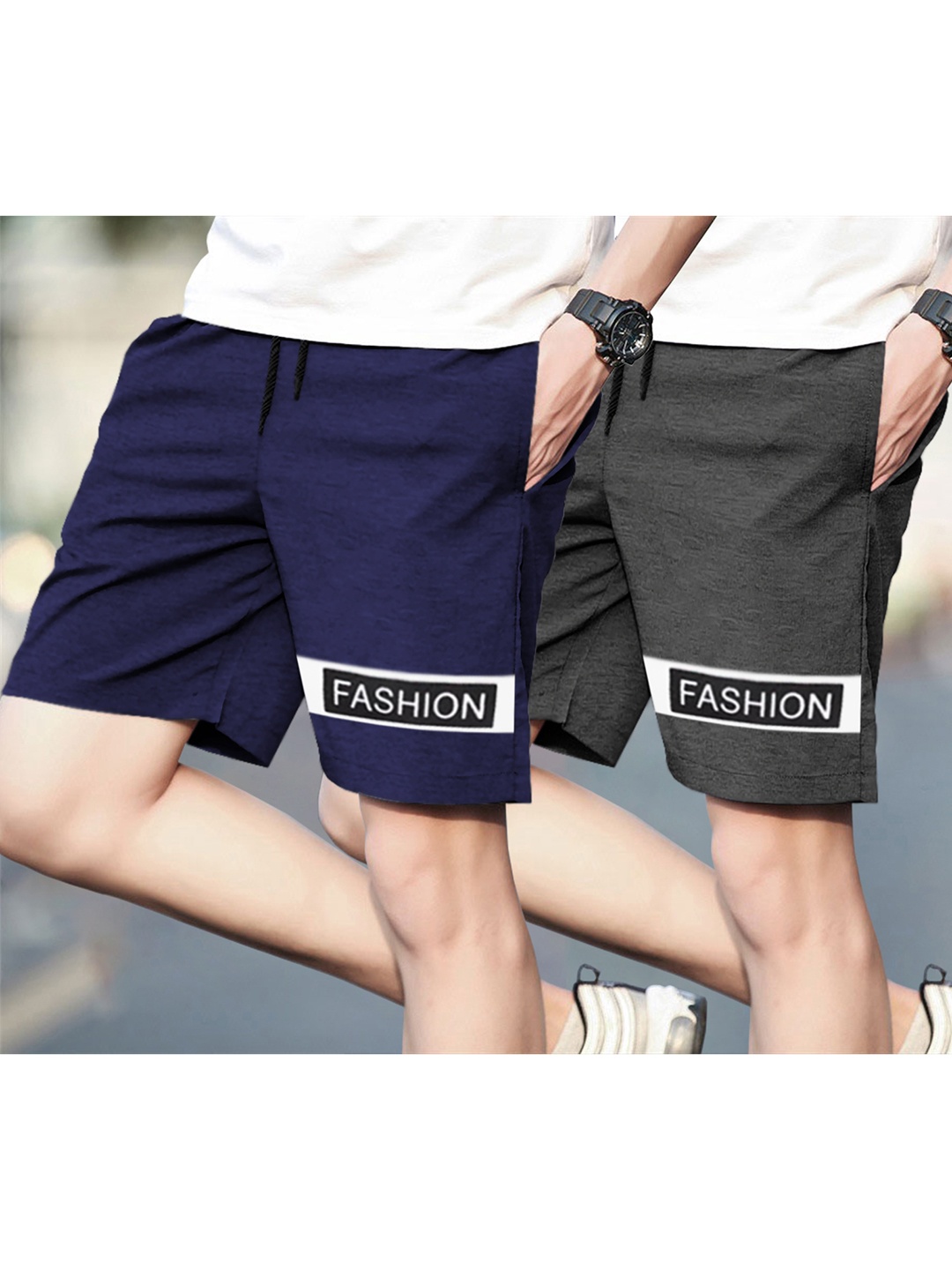

BLIVE Men Pack Of 2 Typography Printed Mid-Rise Shorts, Navy blue