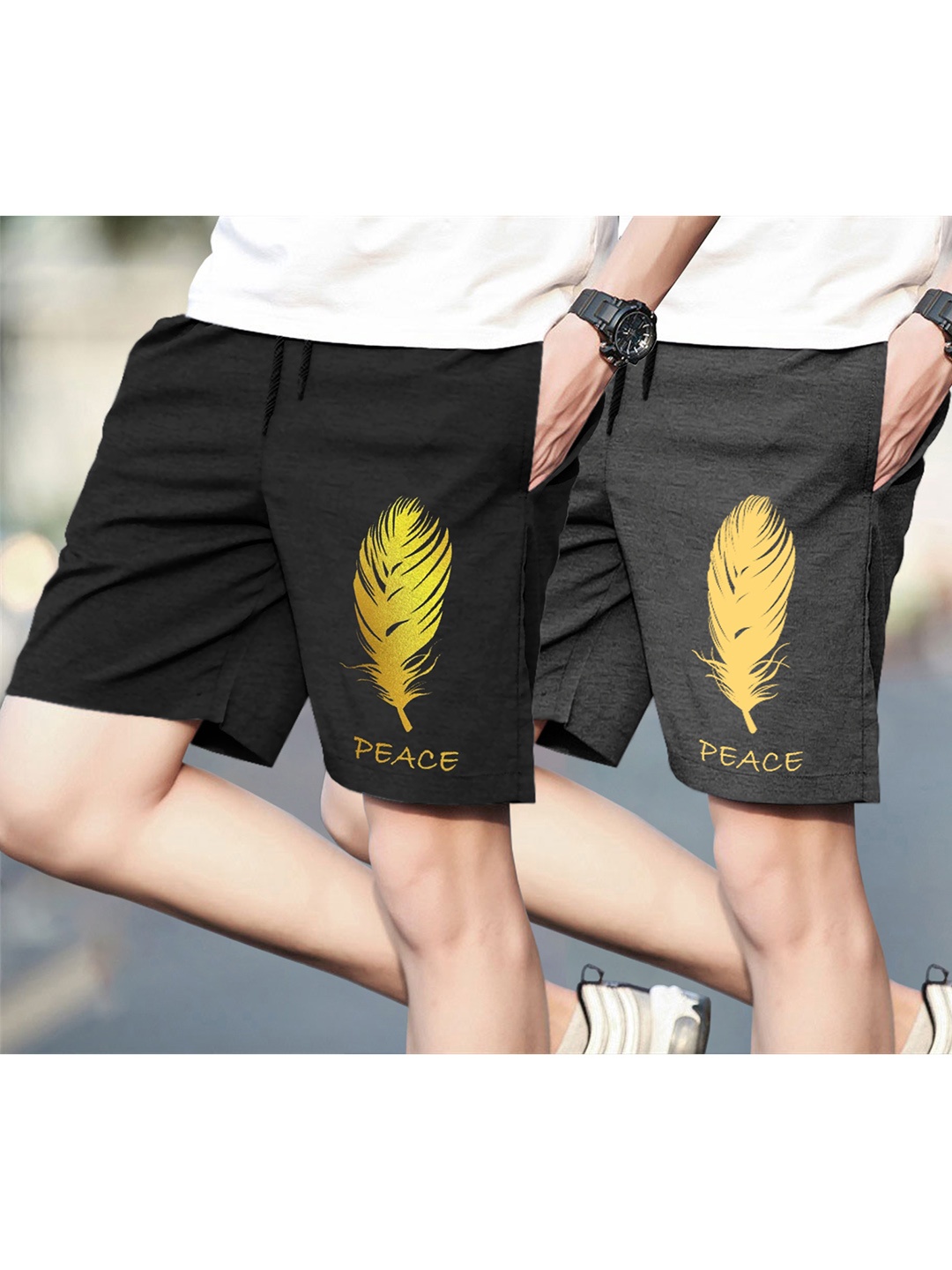 

BLIVE Men Pack Of 2 Graphic Printed Mid-Rise Shorts, Black