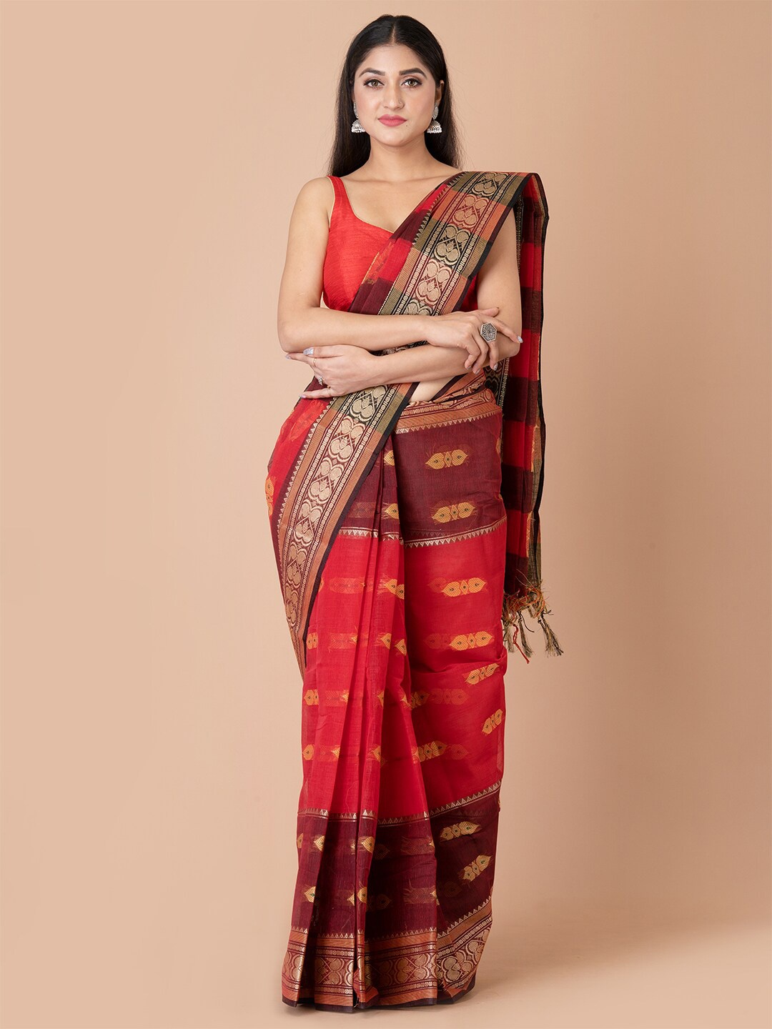 

Laa Calcutta Ethnic Motif Woven Design Zari Pure Cotton Taant Saree, Red