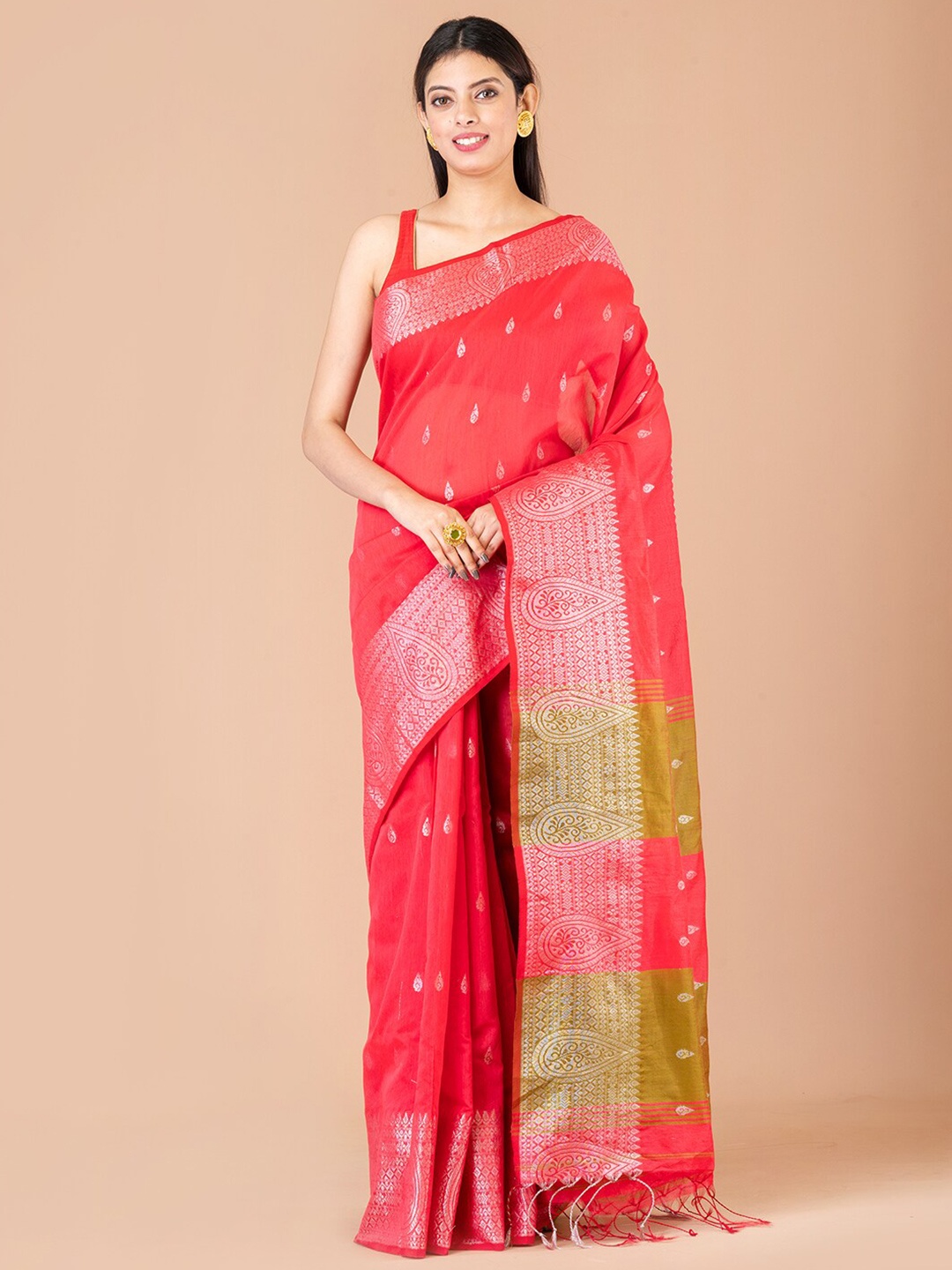 

Laa Calcutta Ethnic Motif Woven Design Zari Silk Cotton Saree, Pink
