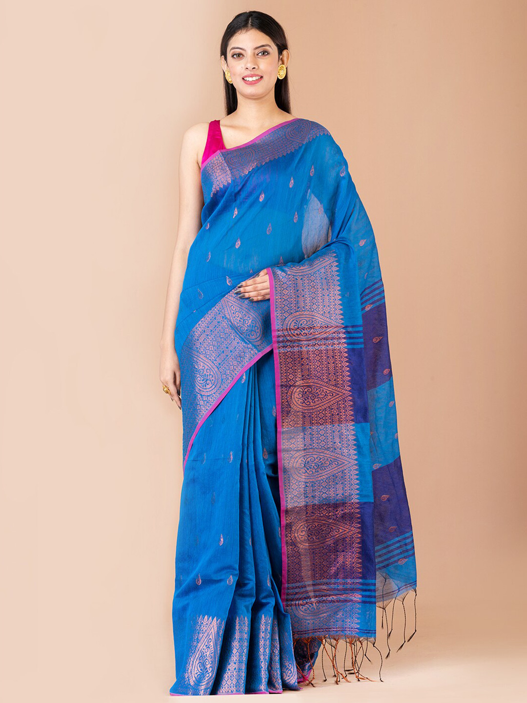

Laa Calcutta Ethnic Motif Woven Design Zari Saree, Turquoise blue