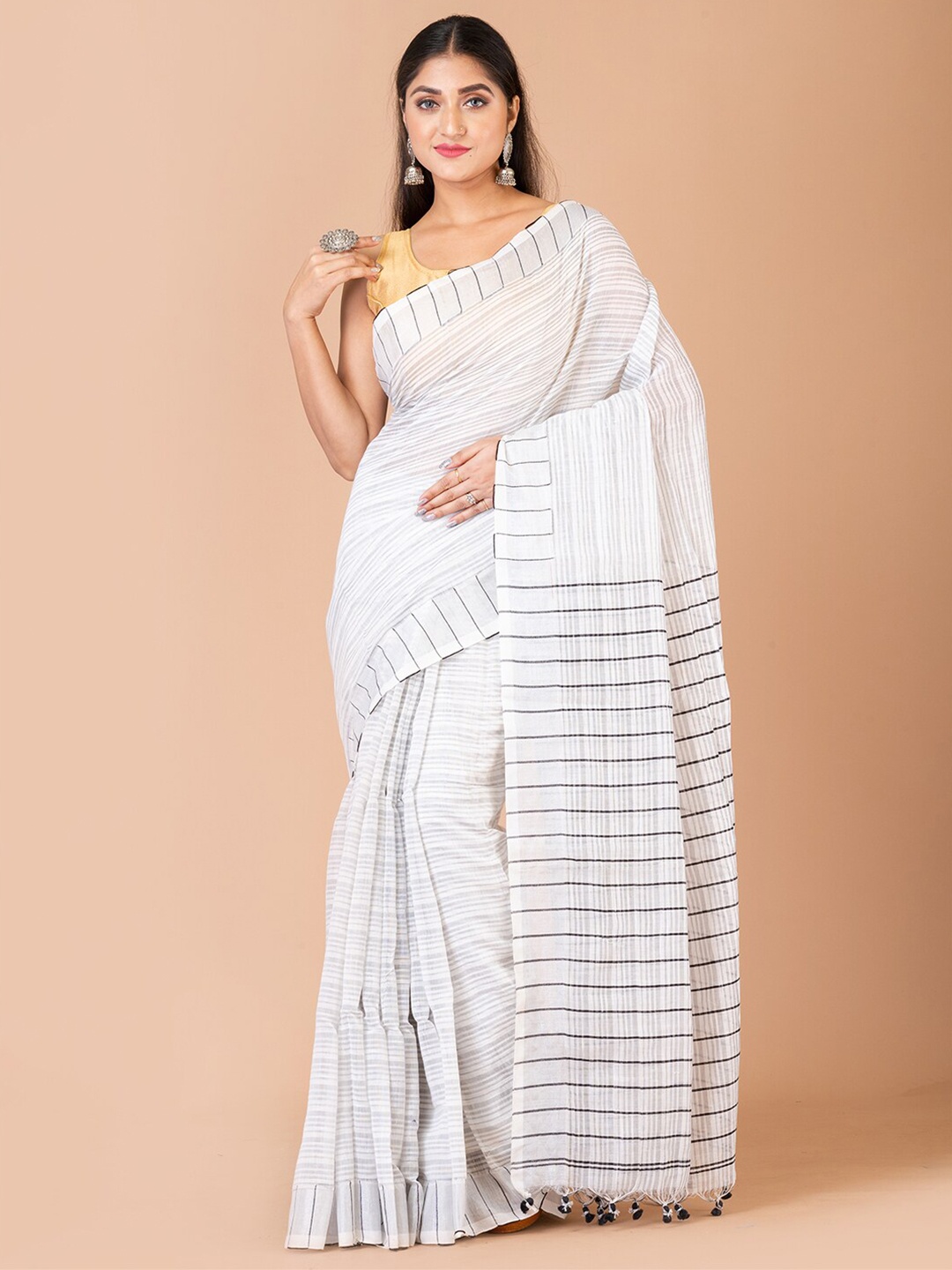 

Laa Calcutta Striped Cotton Blend Saree, White