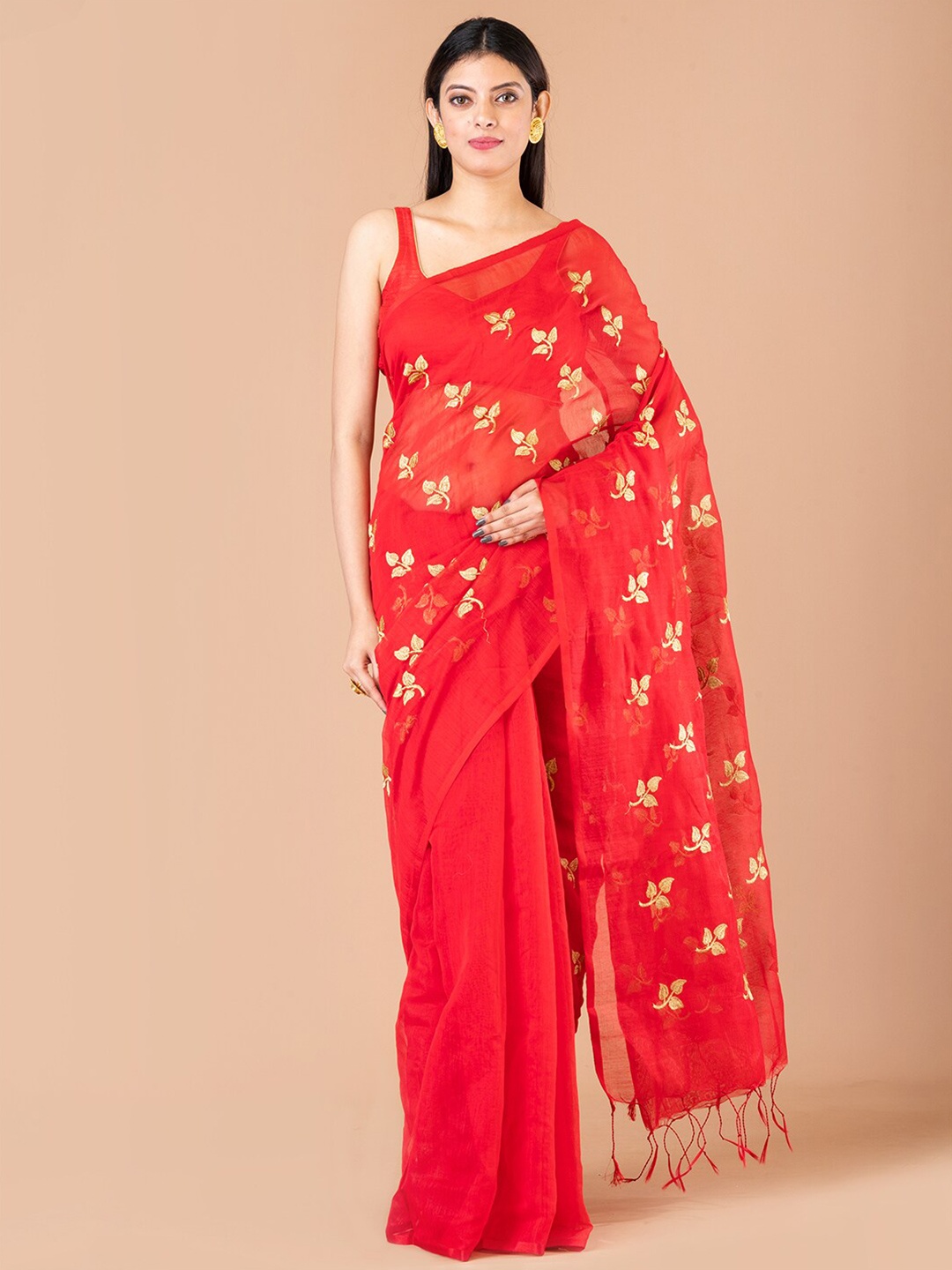 

Laa Calcutta Floral Woven Design Zari Saree, Red