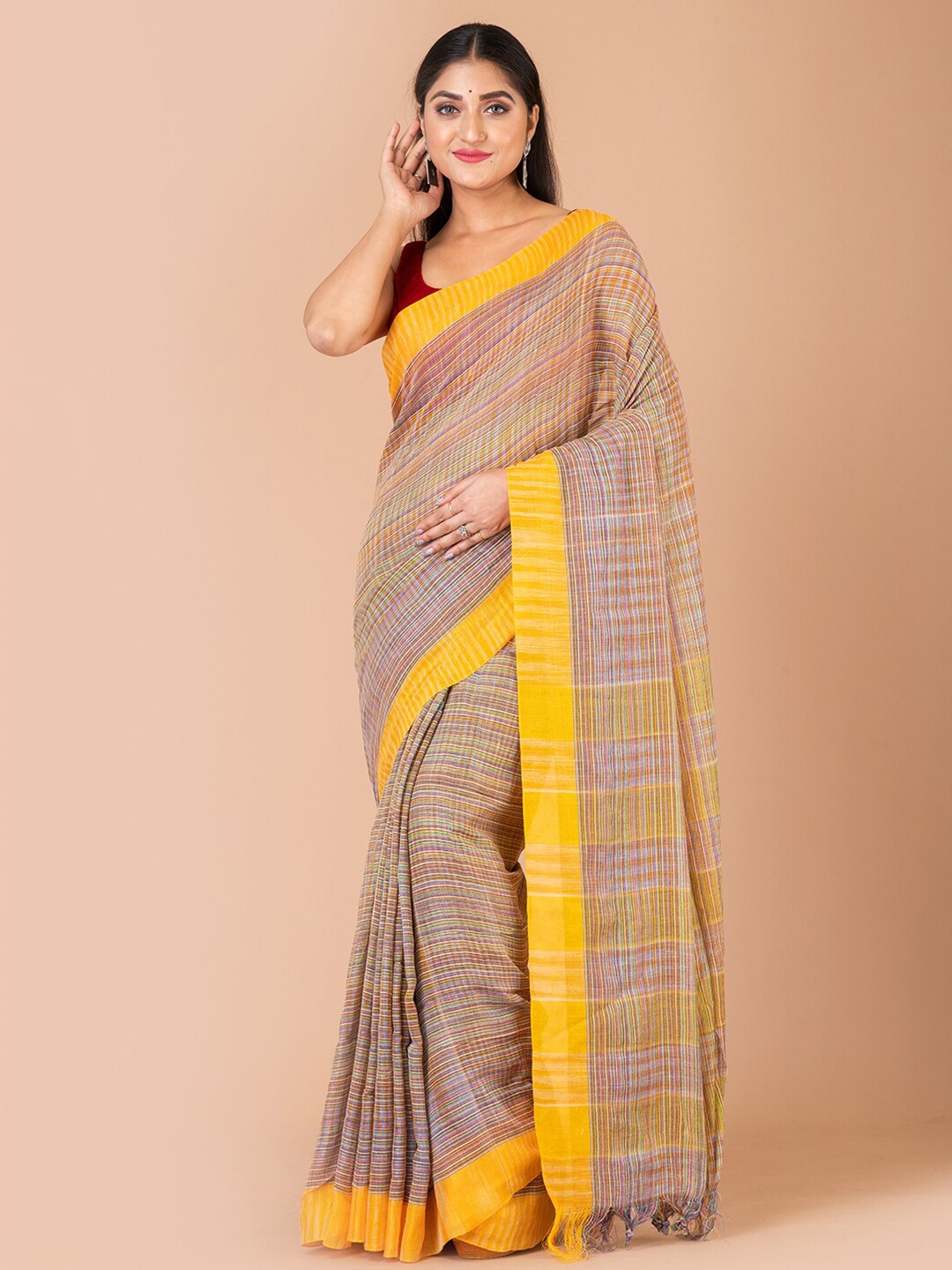 

Laa Calcutta Striped Pure Cotton Saree, Yellow