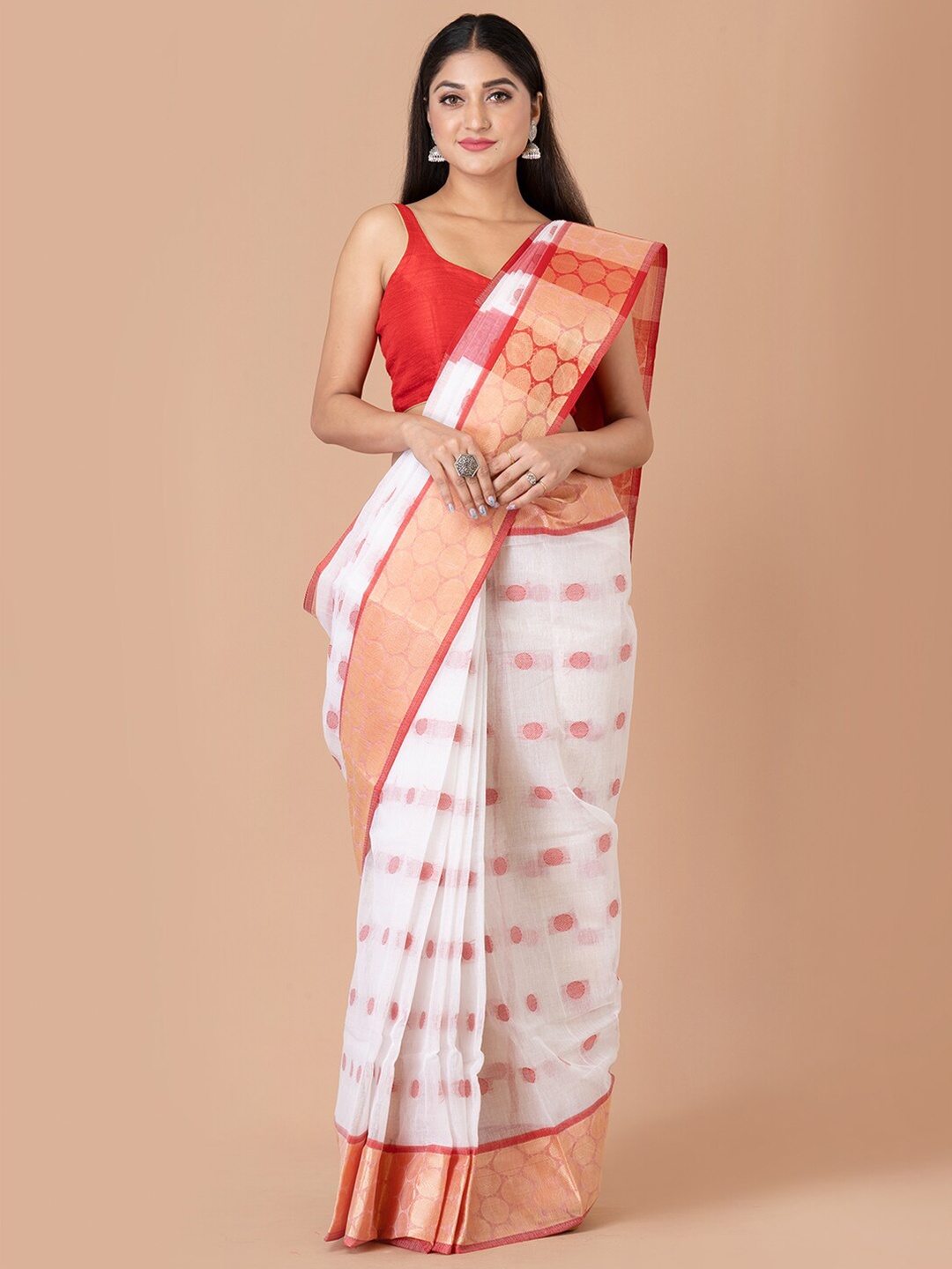 

Laa Calcutta Ethnic Motifs Woven Design Zari Pure Cotton Taant Saree, White