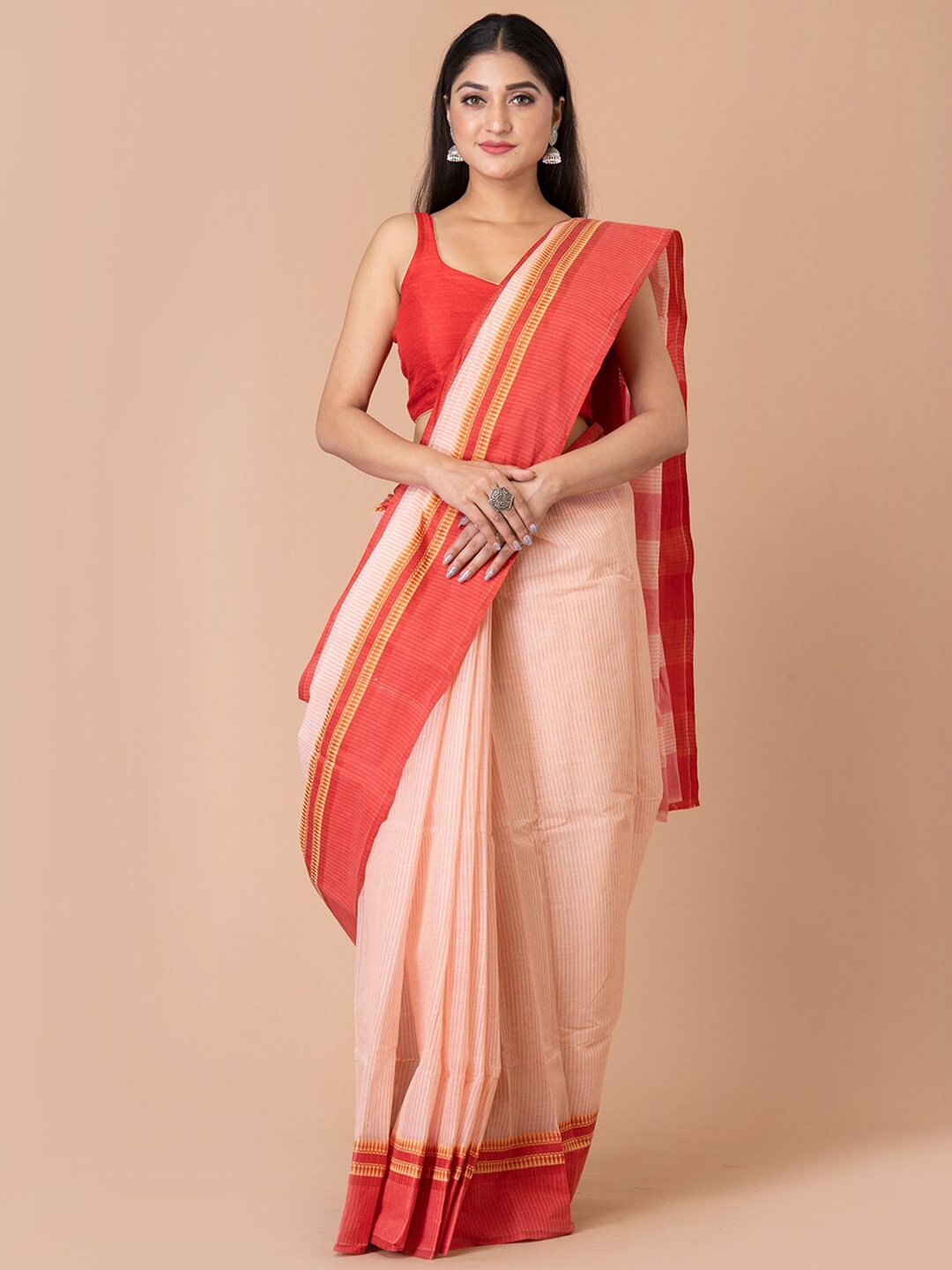 

Laa Calcutta Striped Pure Cotton Taant Saree, Cream