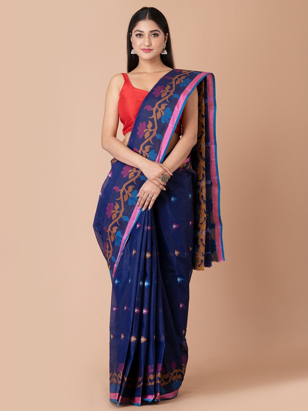 

Laa Calcutta Ethnic Motif Woven Design Pure Cotton Taant Saree, Navy blue