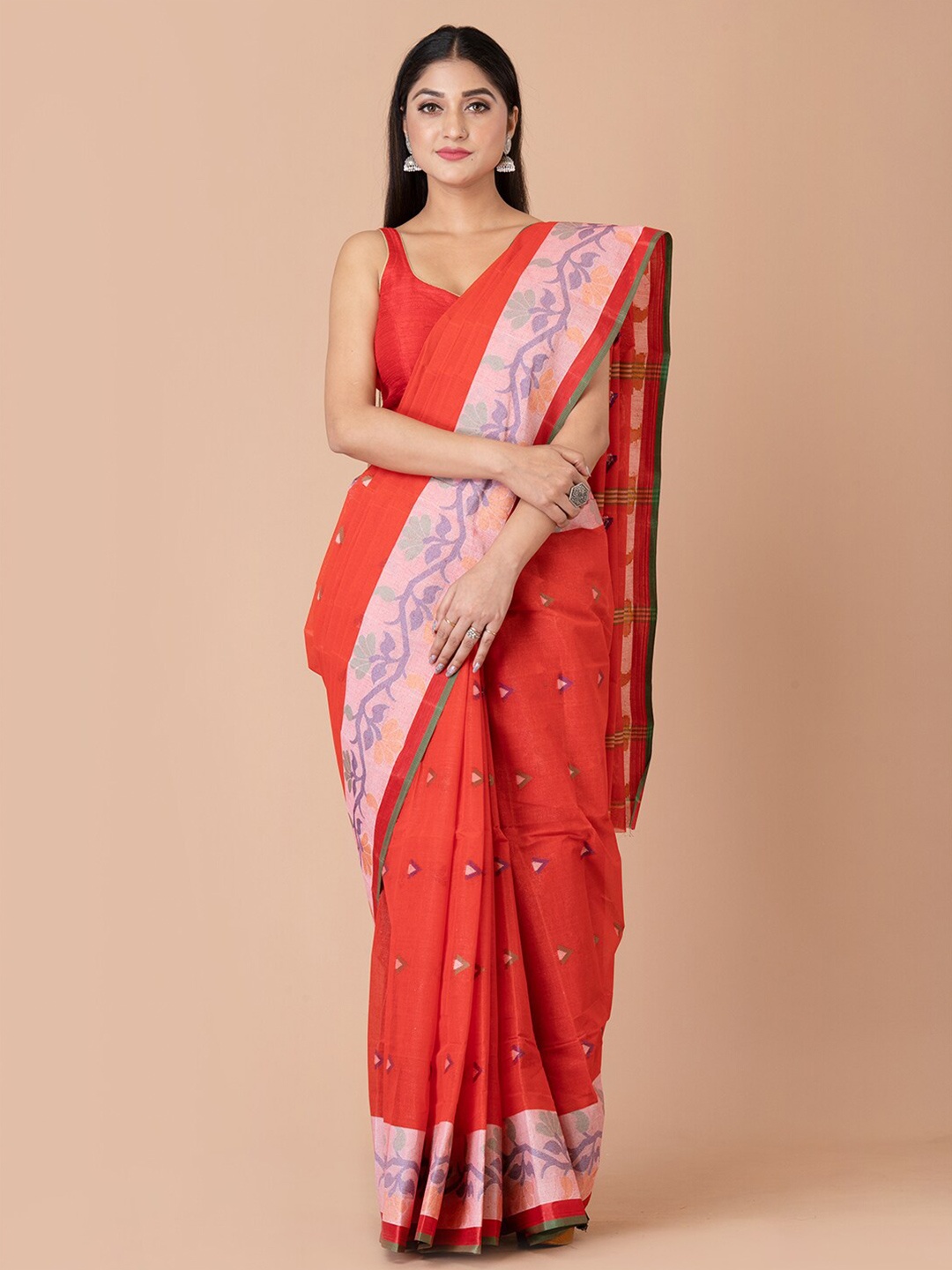 

Laa Calcutta Ethnic Motif Woven Design Zari Pure Cotton Taant Saree, Red