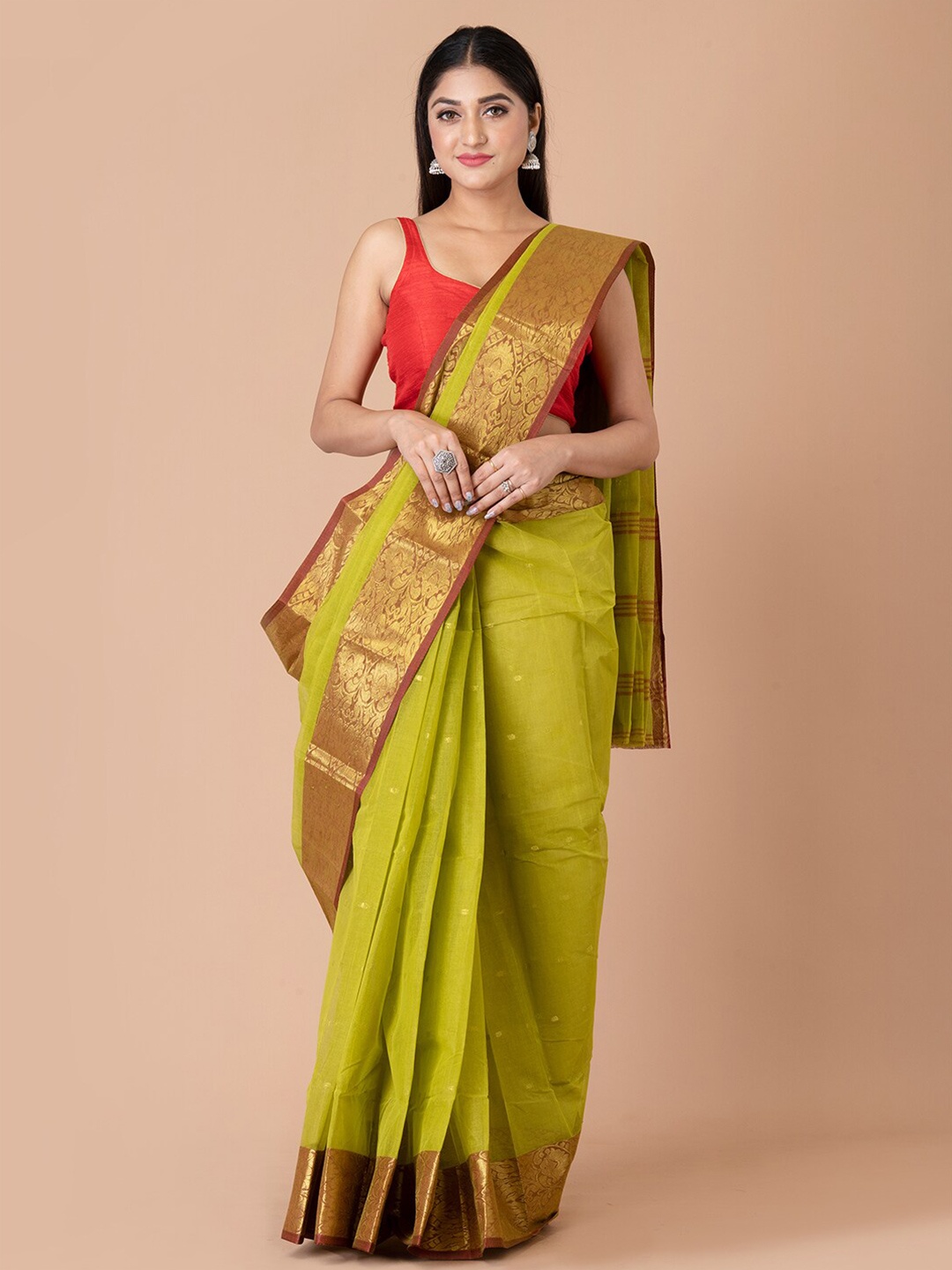 

Laa Calcutta Green & Red Woven Design Zari Pure Cotton Taant Saree