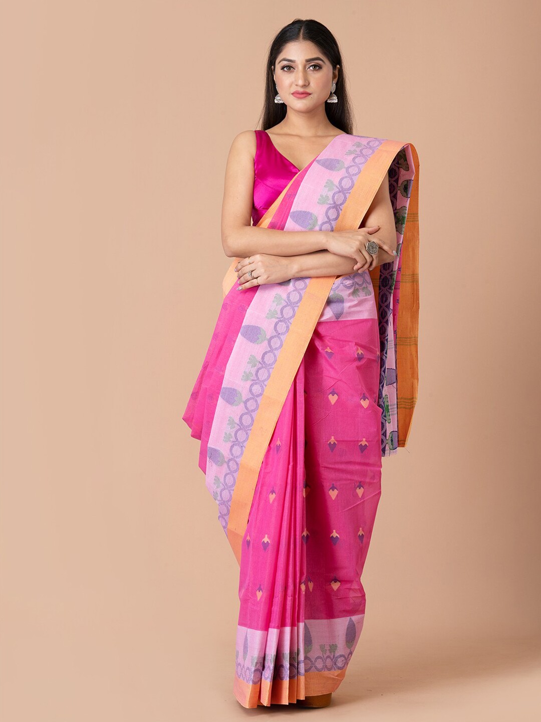 

Laa Calcutta Ethnic Motifs Woven Design Pure Cotton Taant Saree, Pink